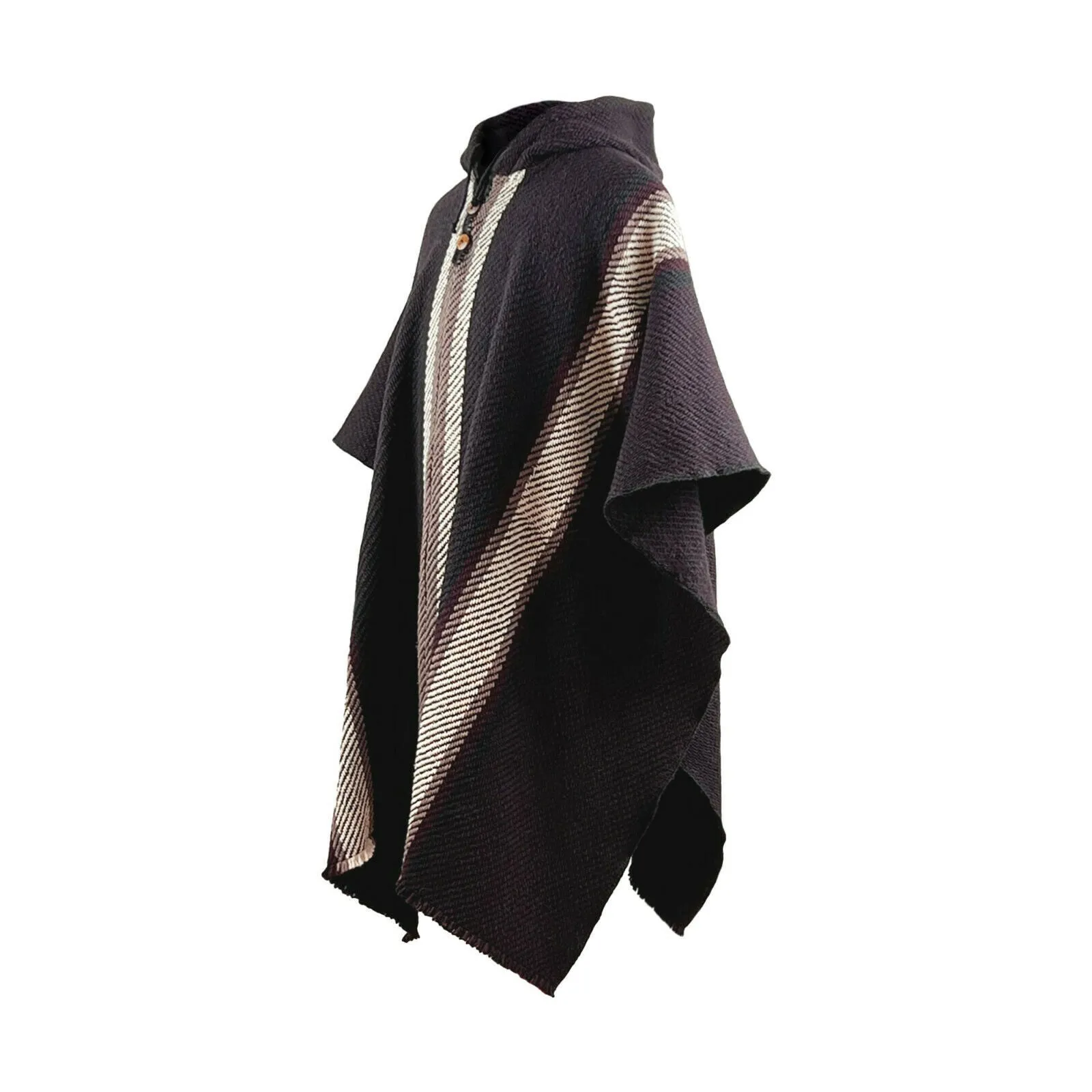 Paqui - Llama Wool Unisex South American Handwoven Thick Hooded Poncho - striped - dark purple