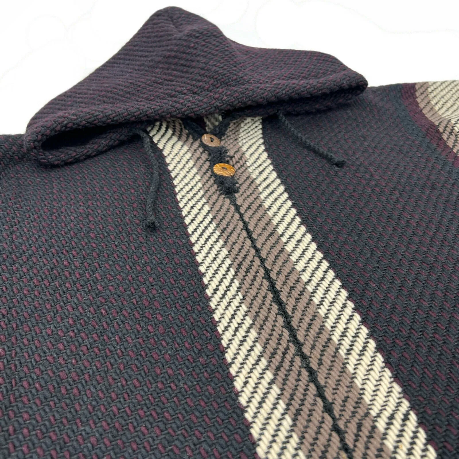 Paqui - Llama Wool Unisex South American Handwoven Thick Hooded Poncho - striped - dark purple