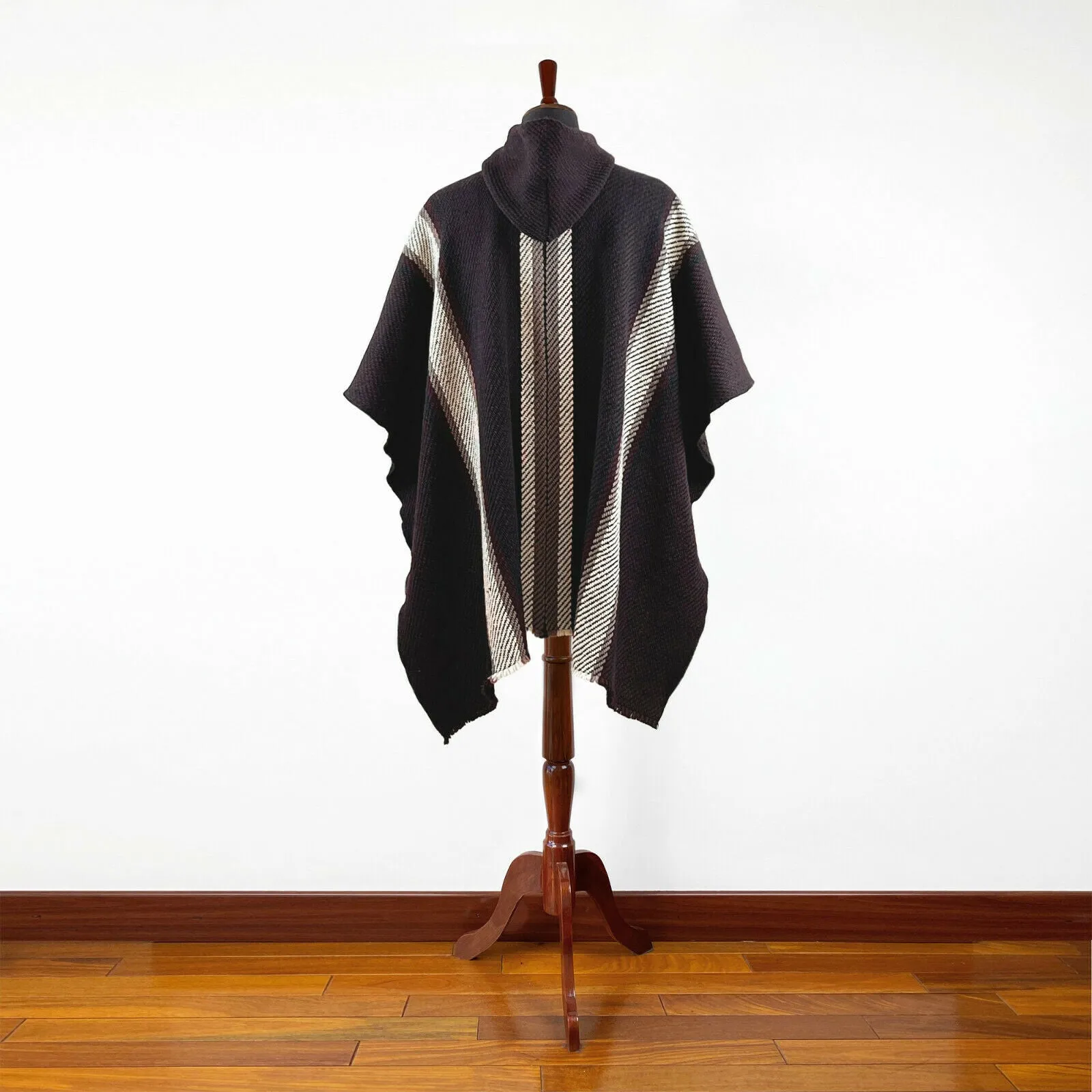 Paqui - Llama Wool Unisex South American Handwoven Thick Hooded Poncho - striped - dark purple