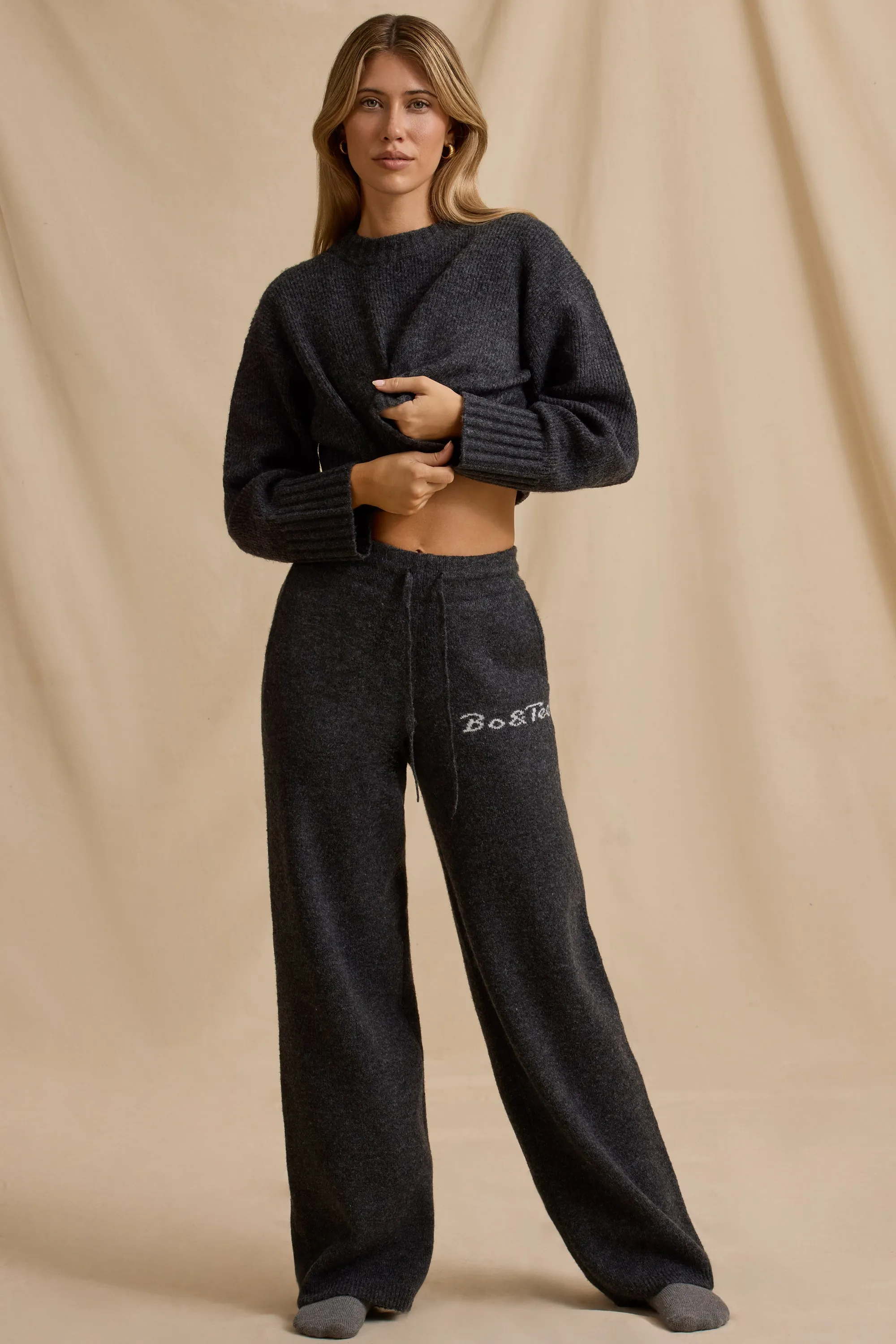 Petite Mid-Rise Wide-Leg Joggers in Charcoal Marl