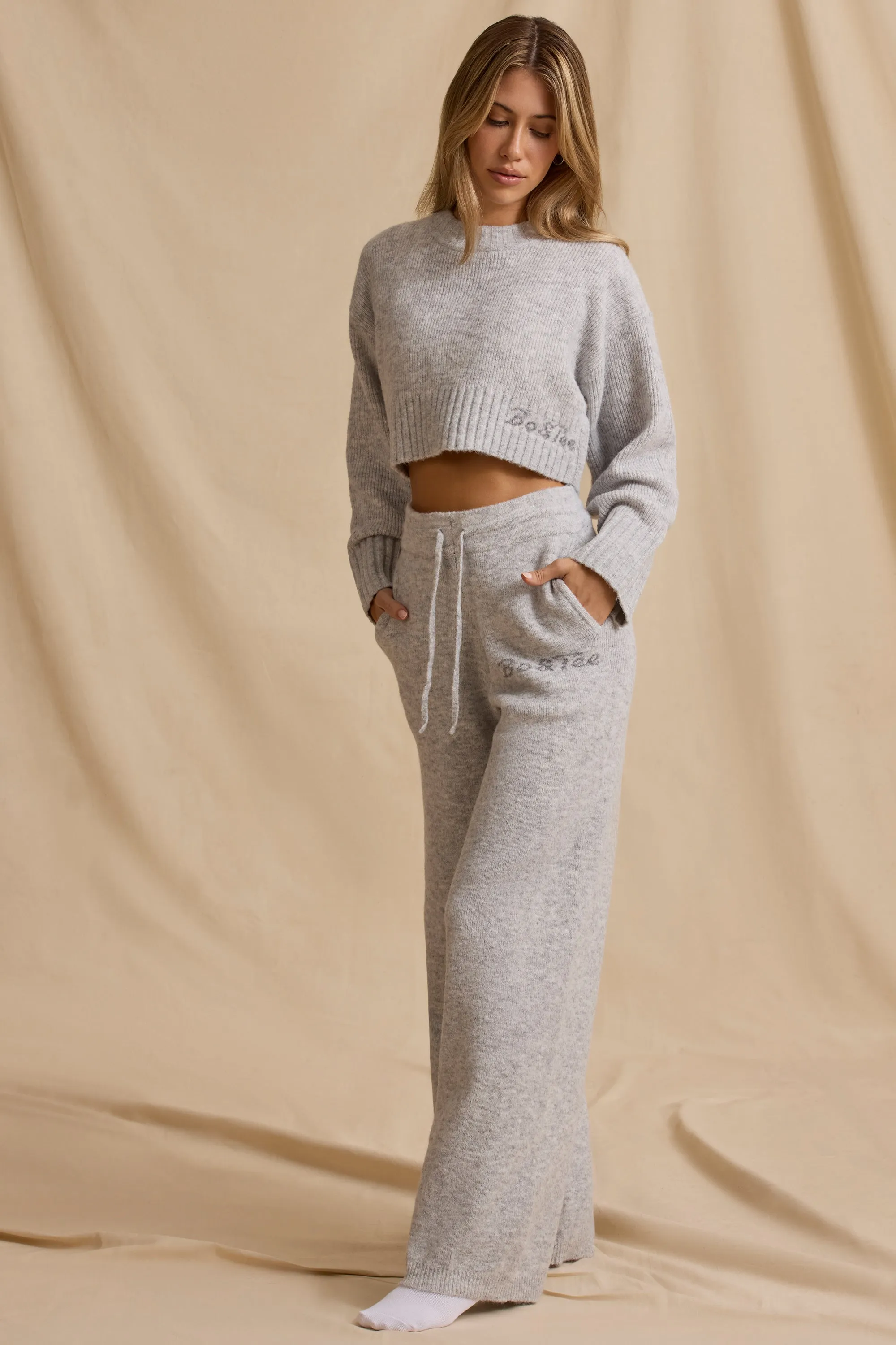 Petite Mid-Rise Wide-Leg Joggers in Ice Marl