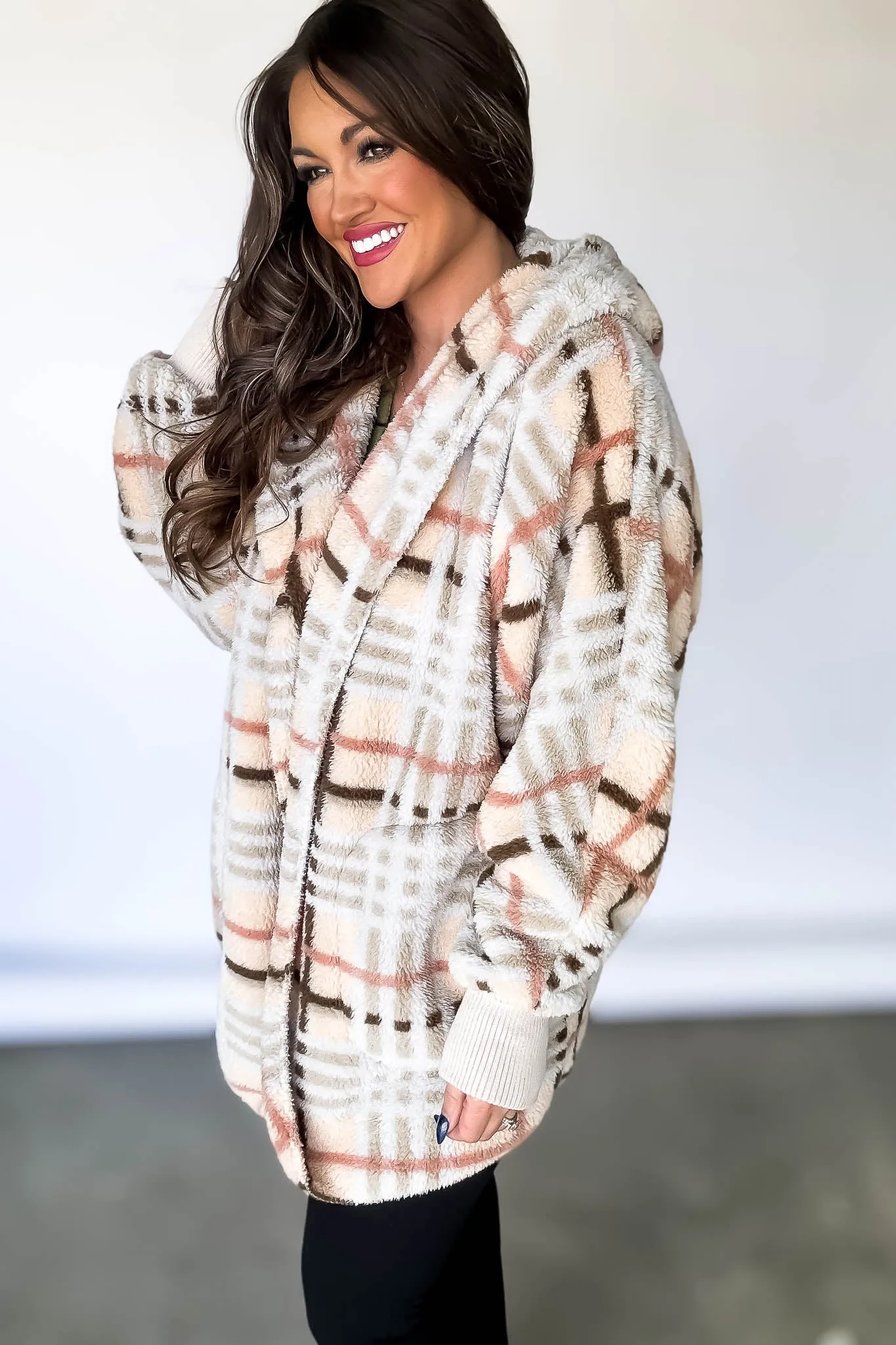 Plaid Print Hoodie Fleece Jacket