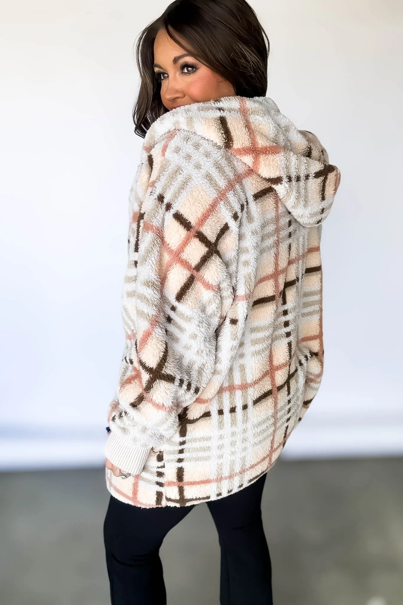 Plaid Print Hoodie Fleece Jacket