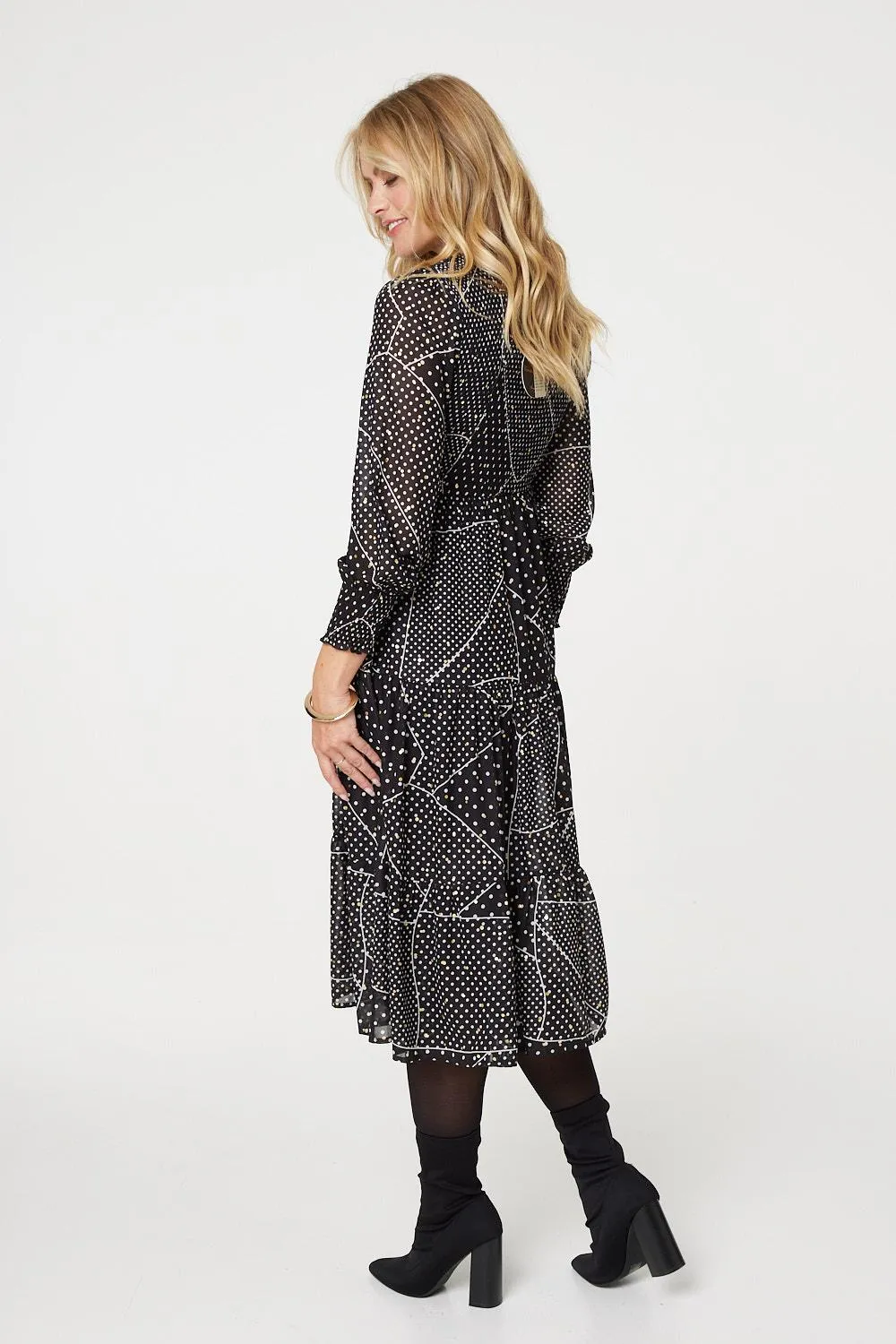 Polka Dot Print Puff Sleeve Midi Dress