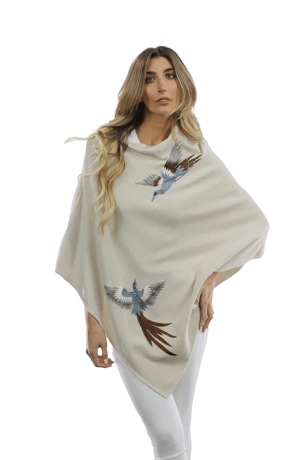 Poncho with Embroidered Phoenix   - Ivory