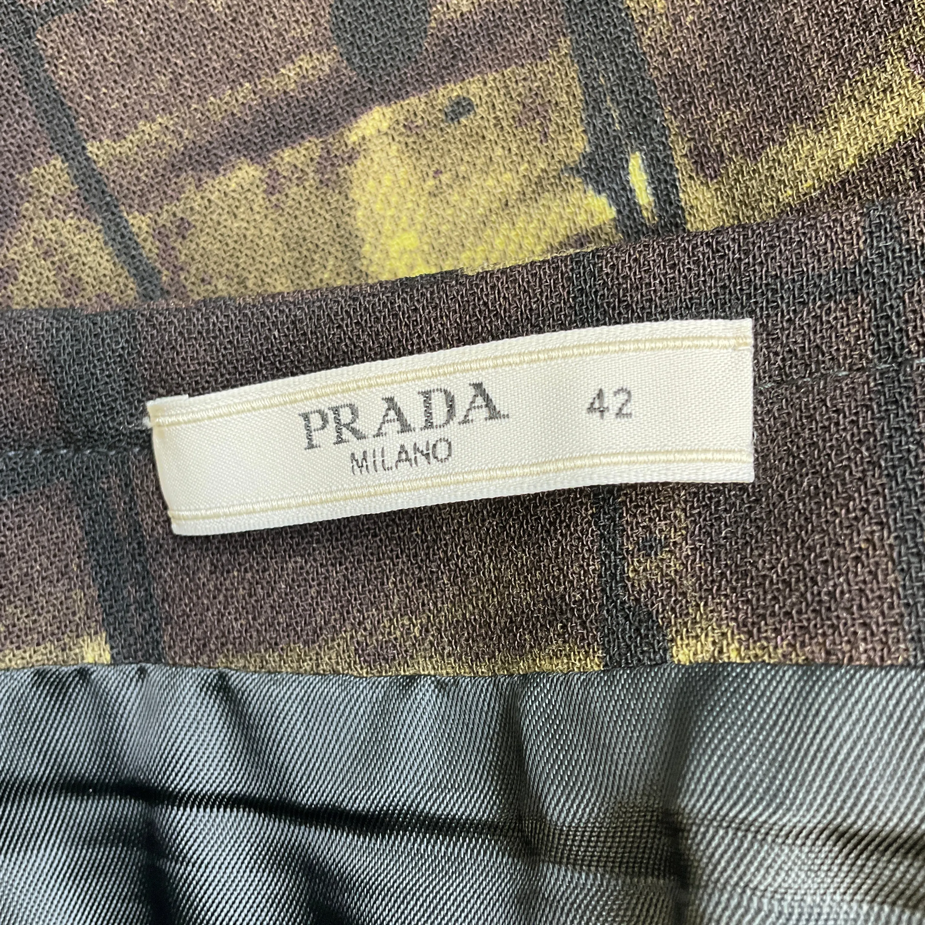 Prada Olive Green / Brown Printed Wool Skirt