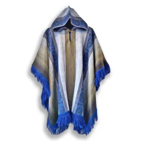 Pujili - Lightweight Baby Alpaca Fringed Hooded Poncho - Blue - Unisex