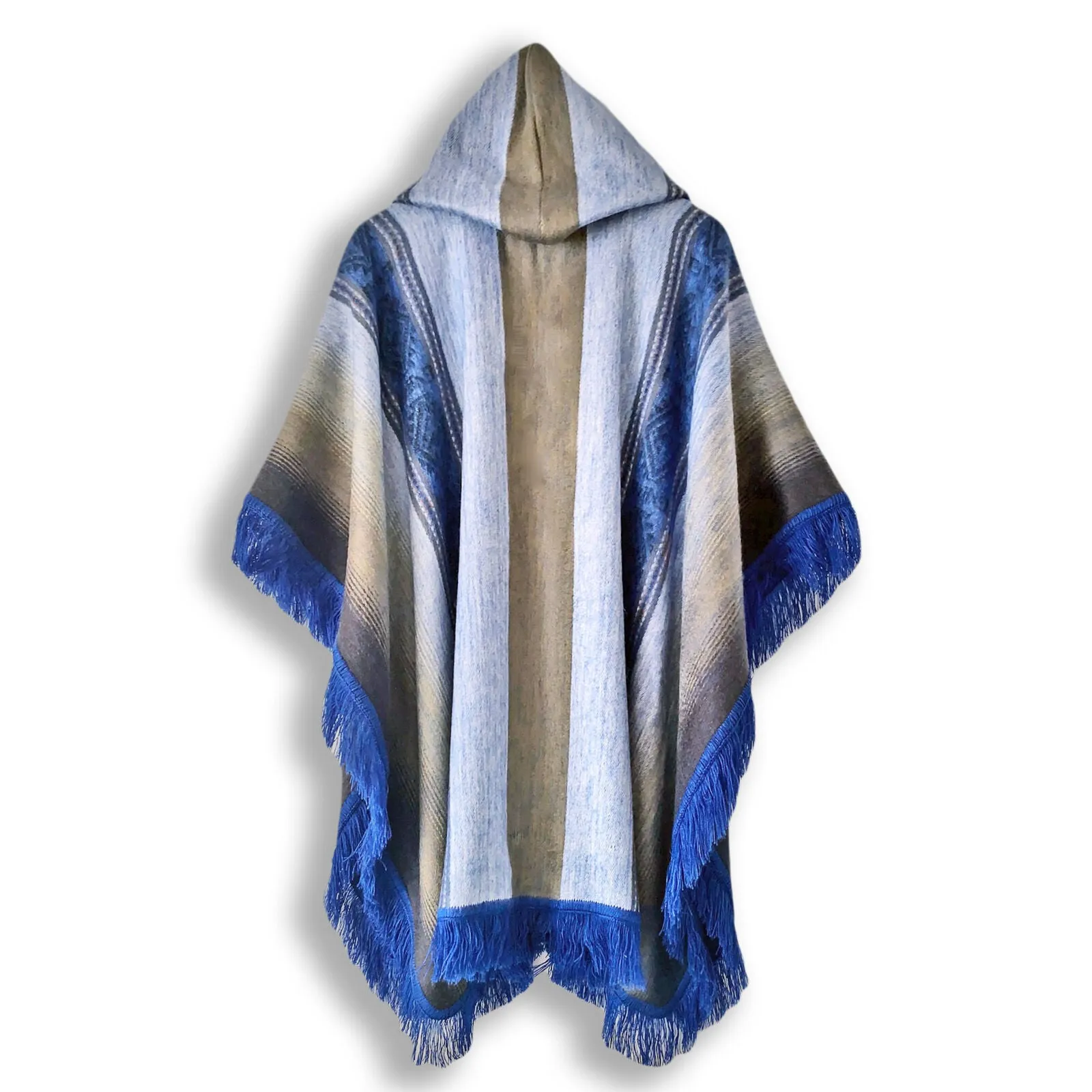 Pujili - Lightweight Baby Alpaca Fringed Hooded Poncho - Blue - Unisex