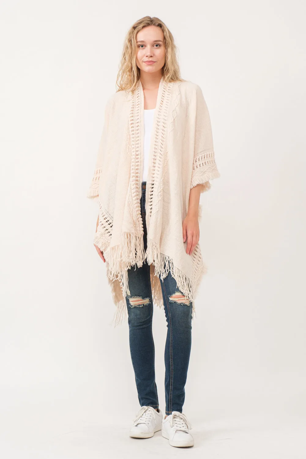 RAJ ISSEY CROCHET BORDER PONCHO RUANA NUDE