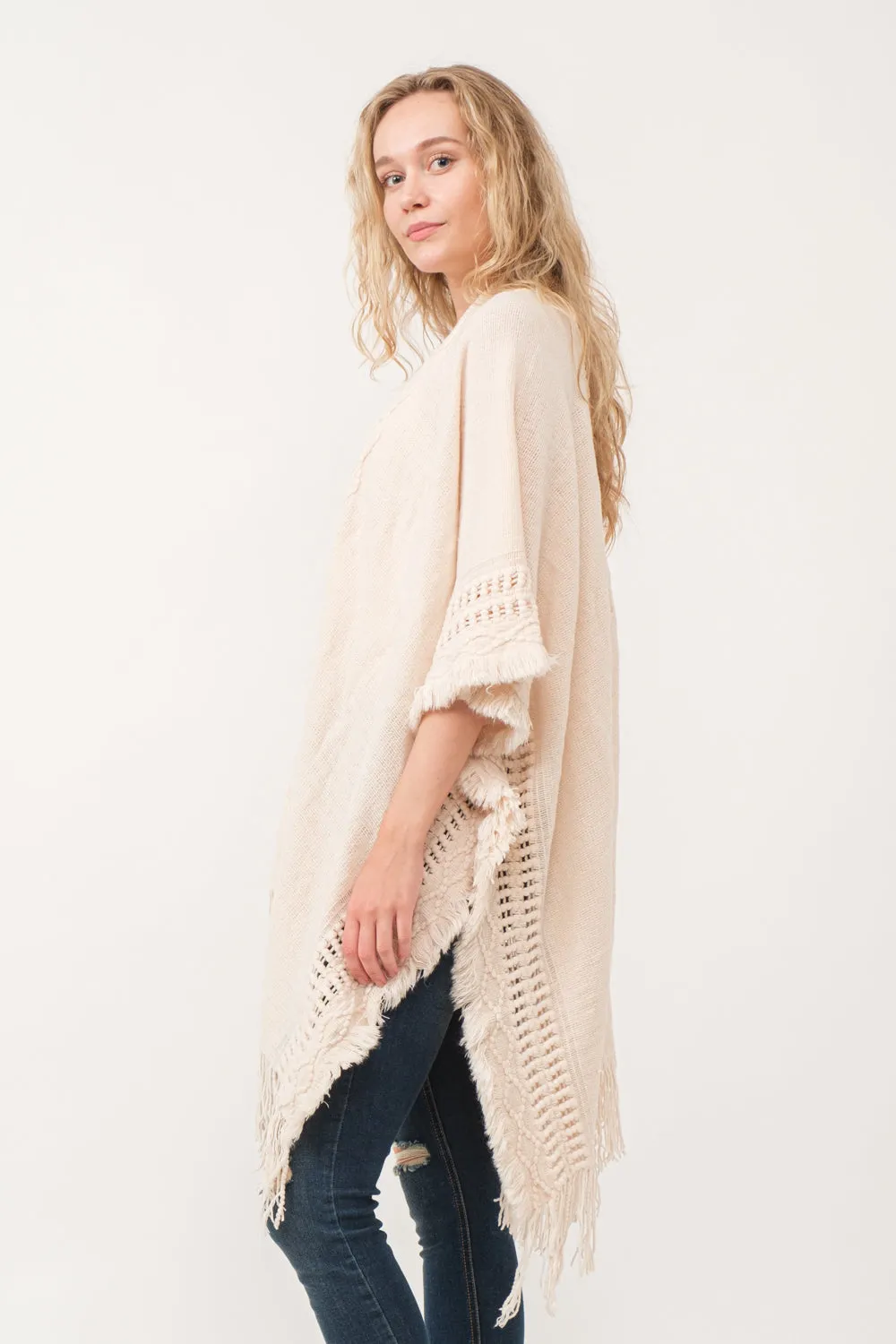 RAJ ISSEY CROCHET BORDER PONCHO RUANA NUDE