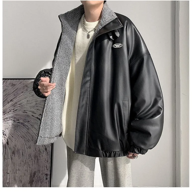 Reversible Loose Fit Fleece-Lined Leather Jacket