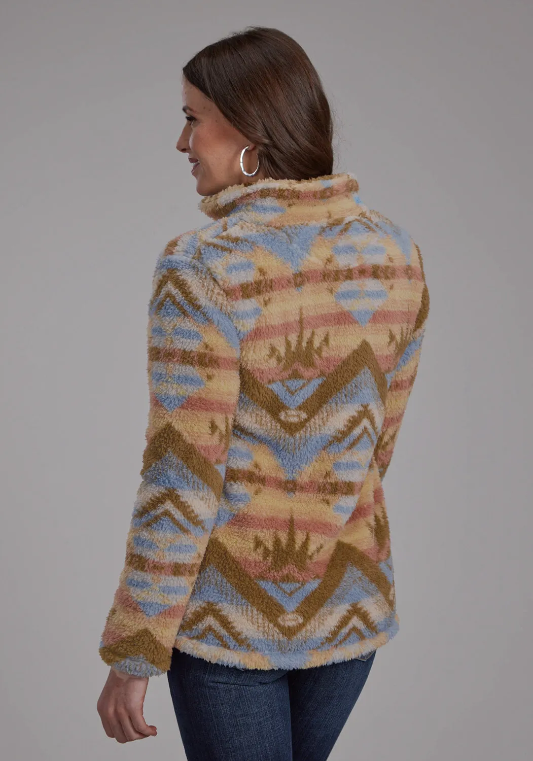 Roper Womens Fuzzy Aztec Brown/Blue 100% Polyester Fleece Jacket