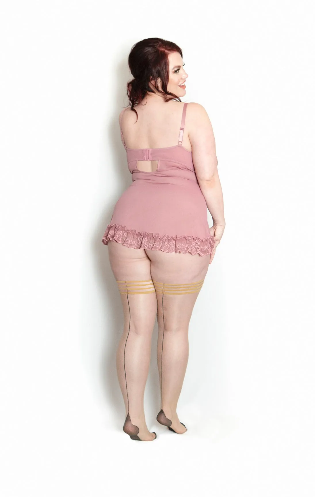 Ruby: Perfectly Seamed with a Cuban Heel Thigh Highs. Petite to Plus Size