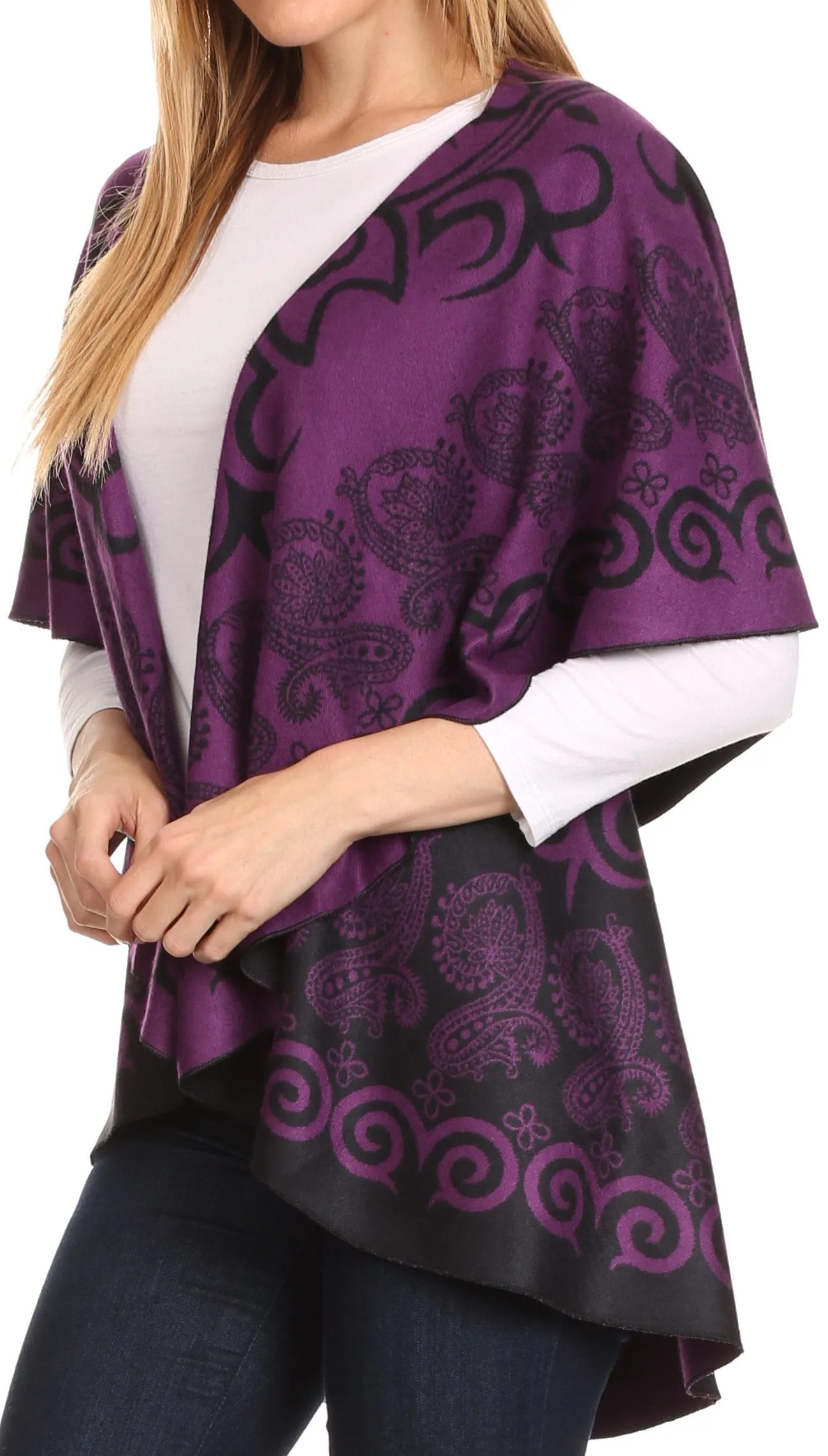 Sakkas Balie Reversable Printed Mid Weight Warm Poncho Throw Shawl / Cardigan