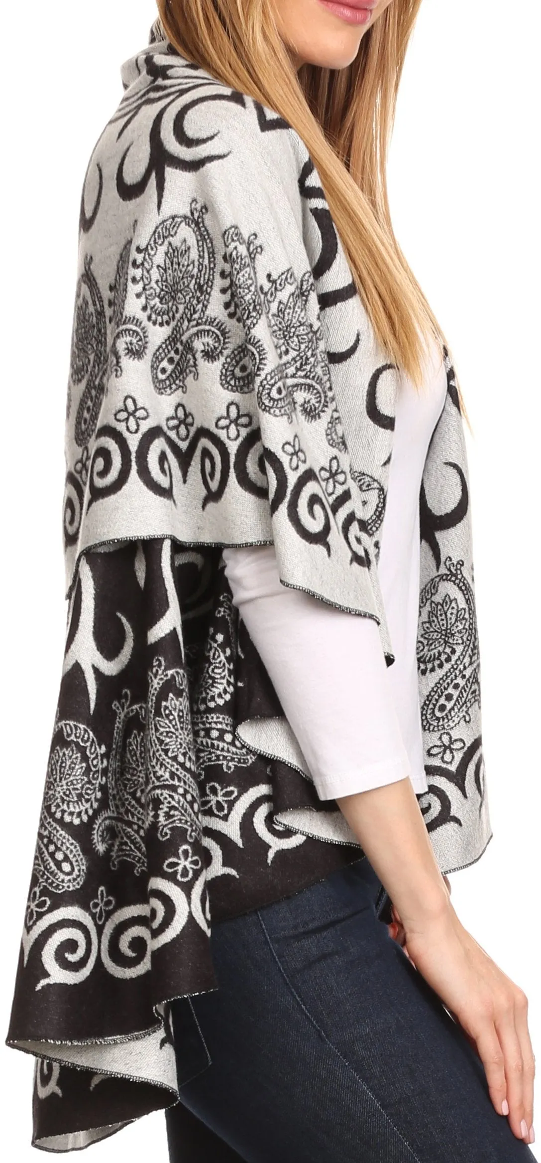 Sakkas Balie Reversable Printed Mid Weight Warm Poncho Throw Shawl / Cardigan