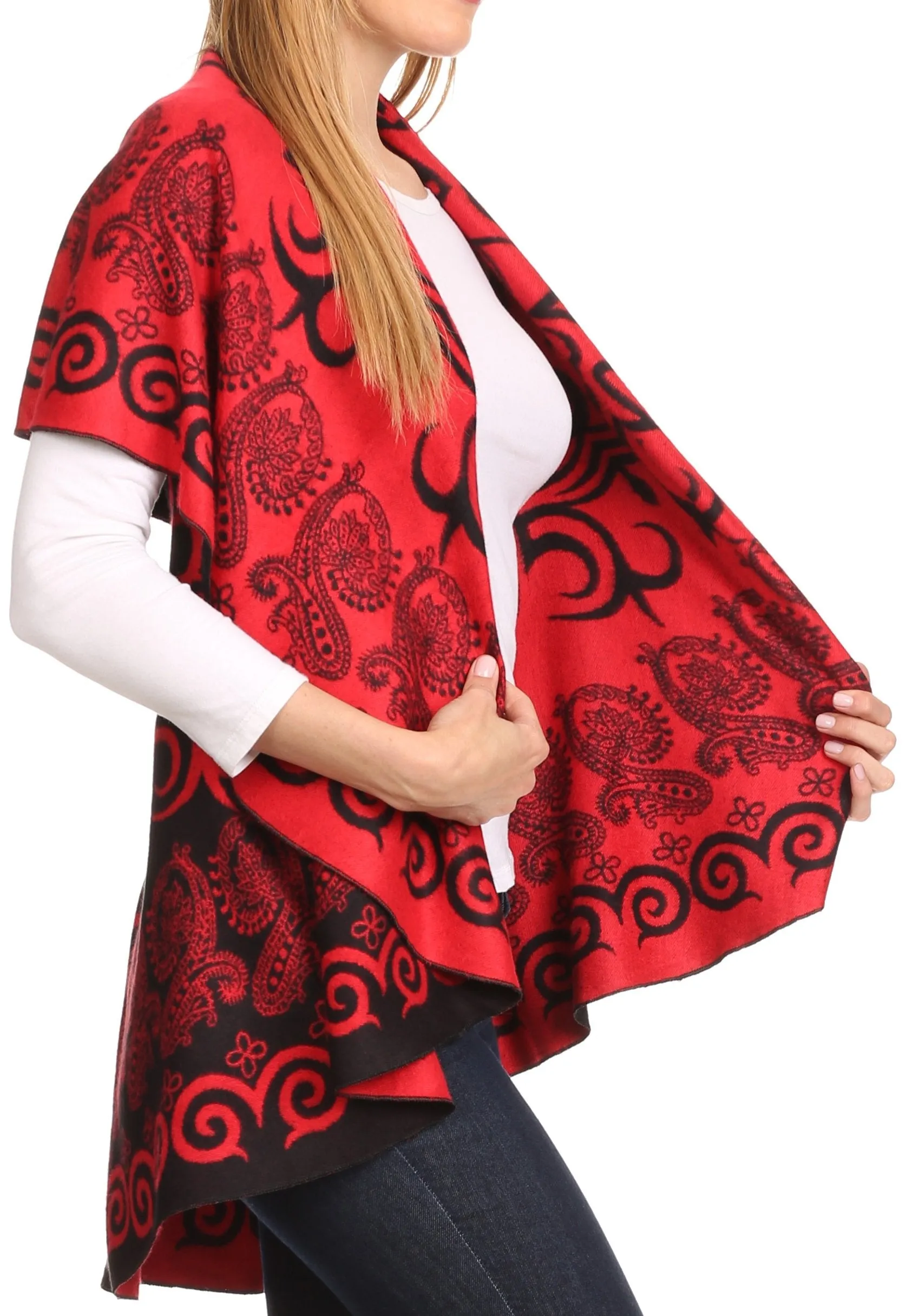 Sakkas Balie Reversable Printed Mid Weight Warm Poncho Throw Shawl / Cardigan