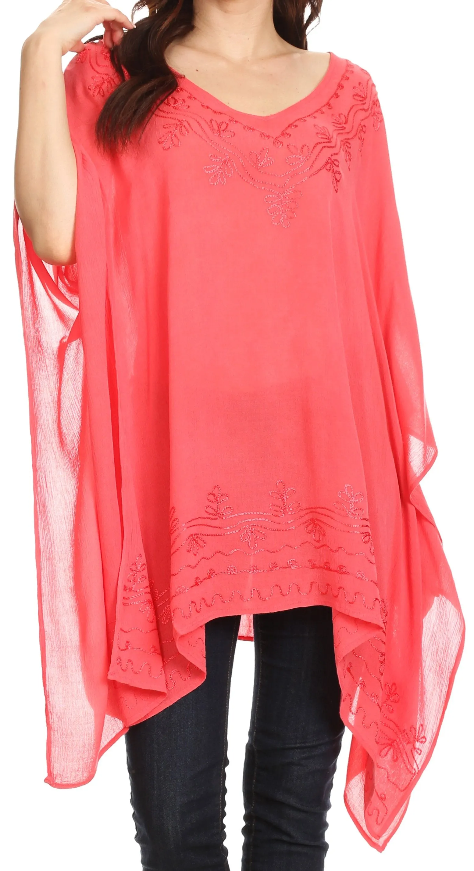 Sakkas Wren Lightweight Circle Poncho Top Blouse With Detailed Embroidery