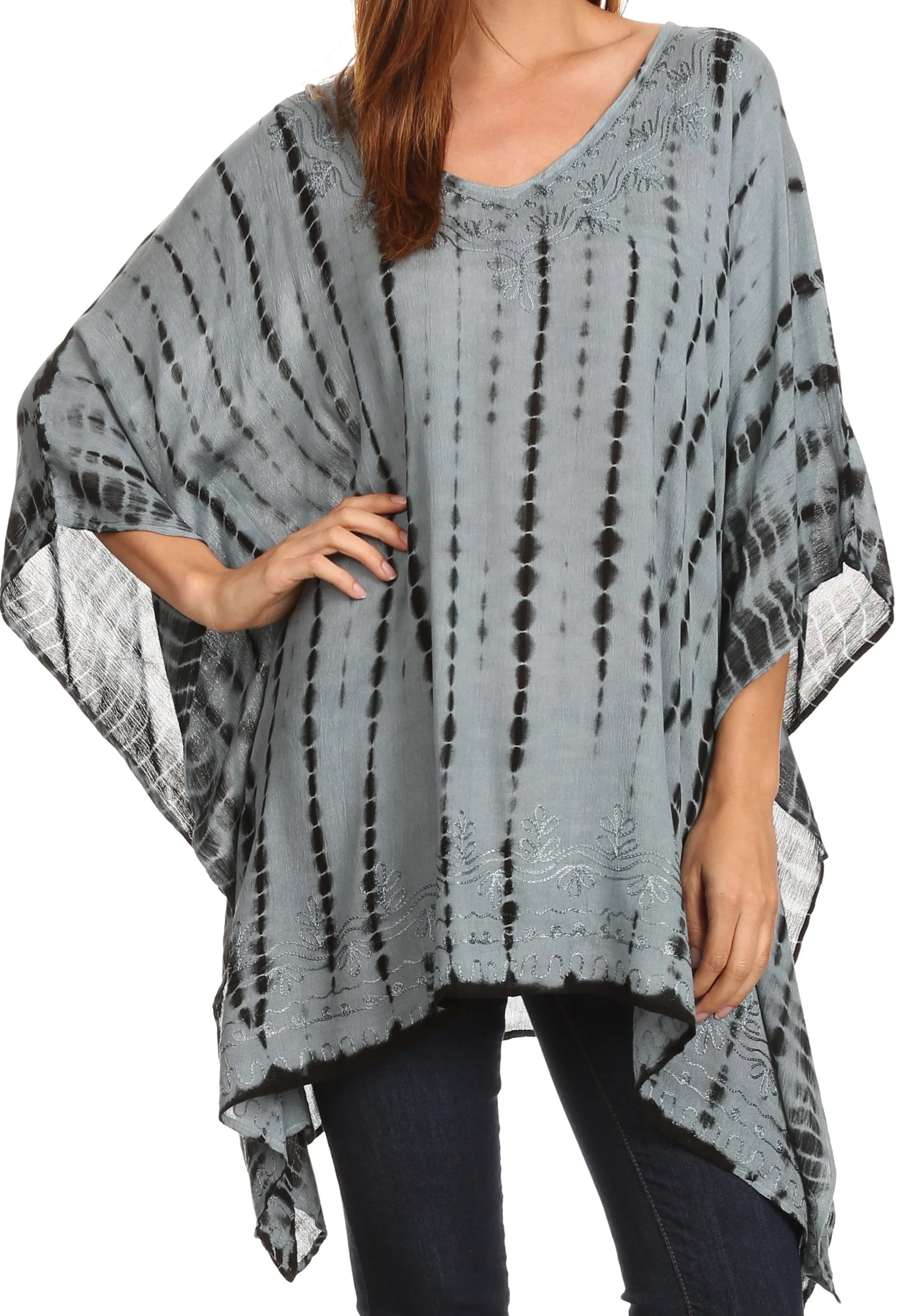 Sakkas Wren Lightweight Circle Poncho Top Blouse With Detailed Embroidery