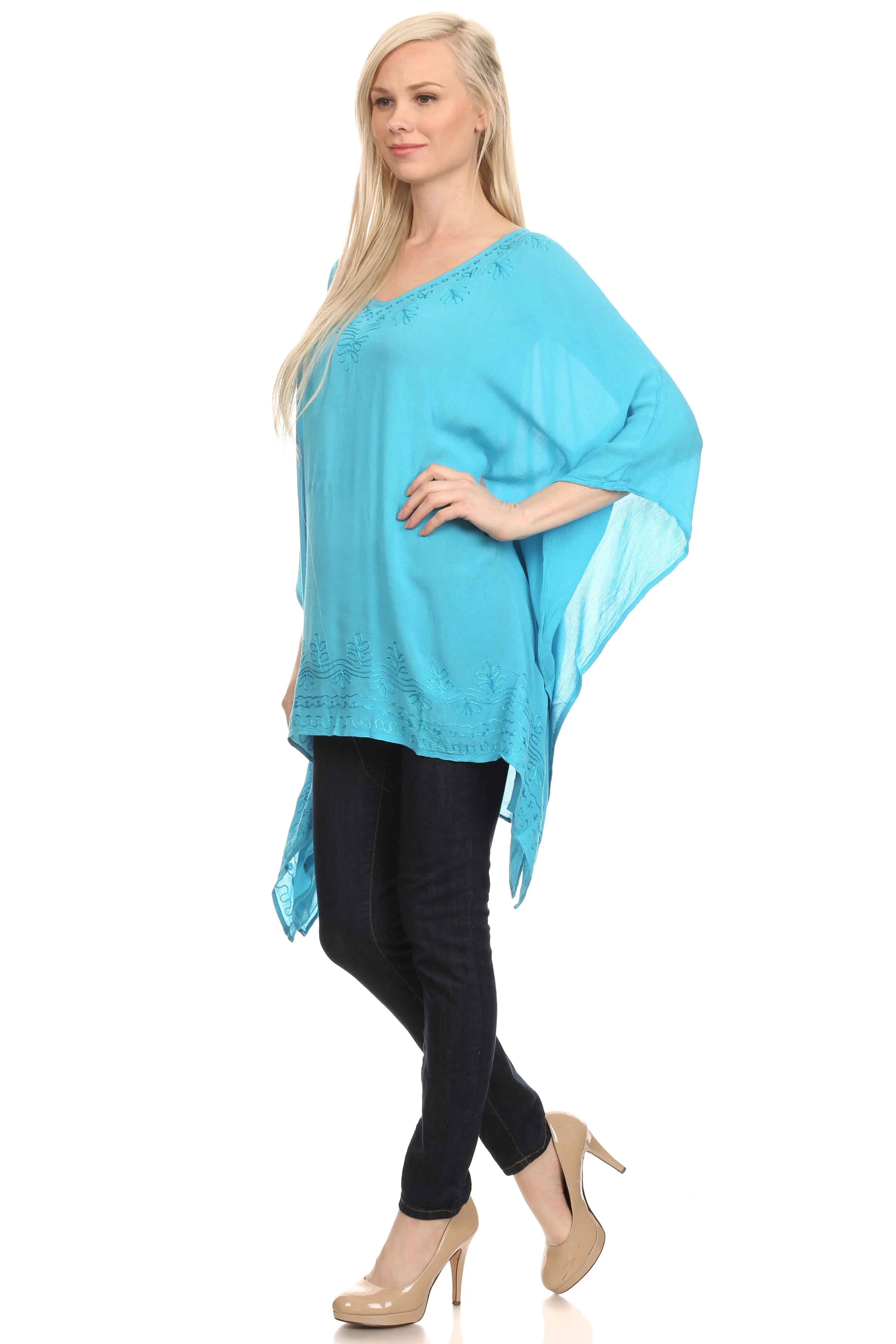 Sakkas Wren Lightweight Circle Poncho Top Blouse With Detailed Embroidery