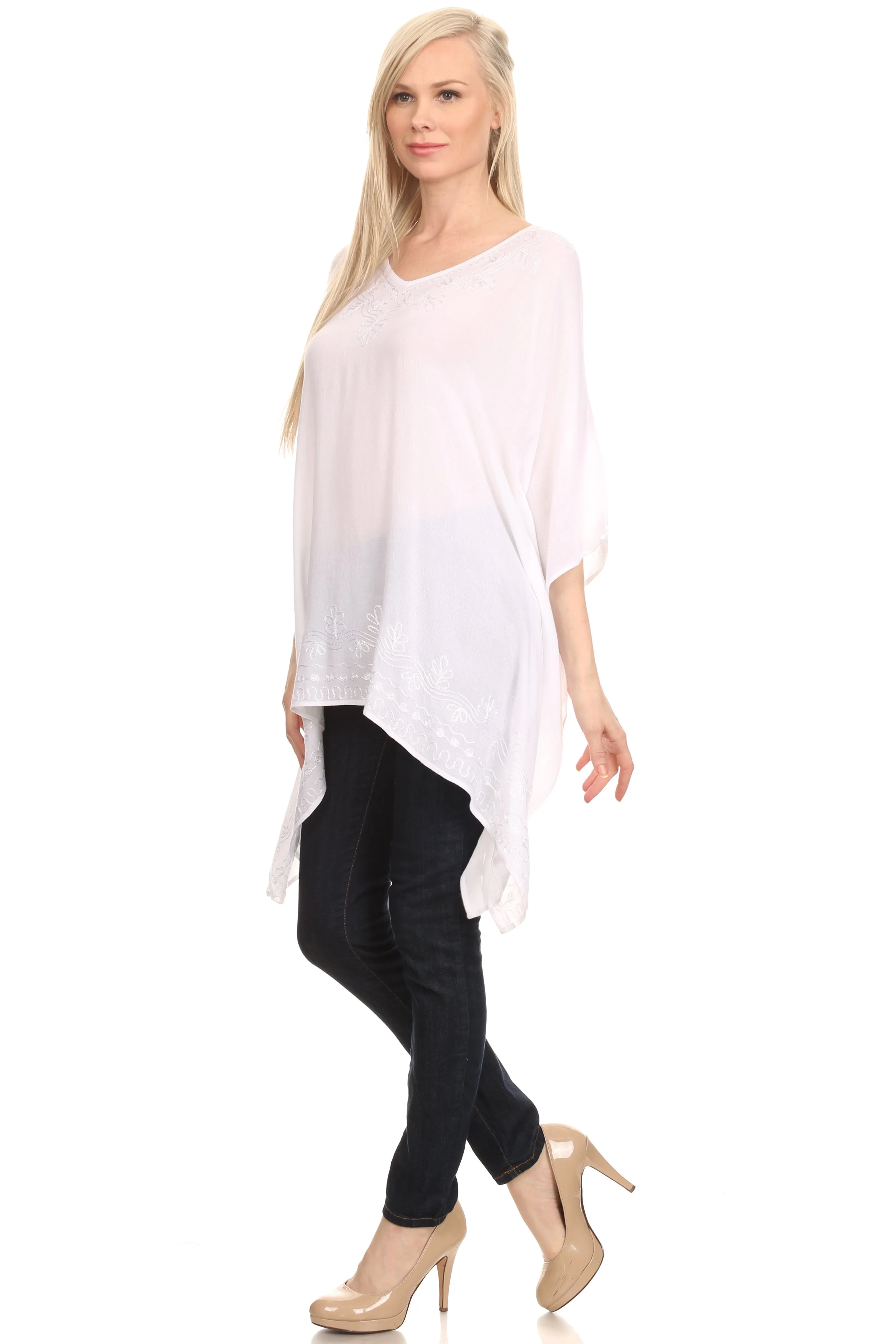 Sakkas Wren Lightweight Circle Poncho Top Blouse With Detailed Embroidery