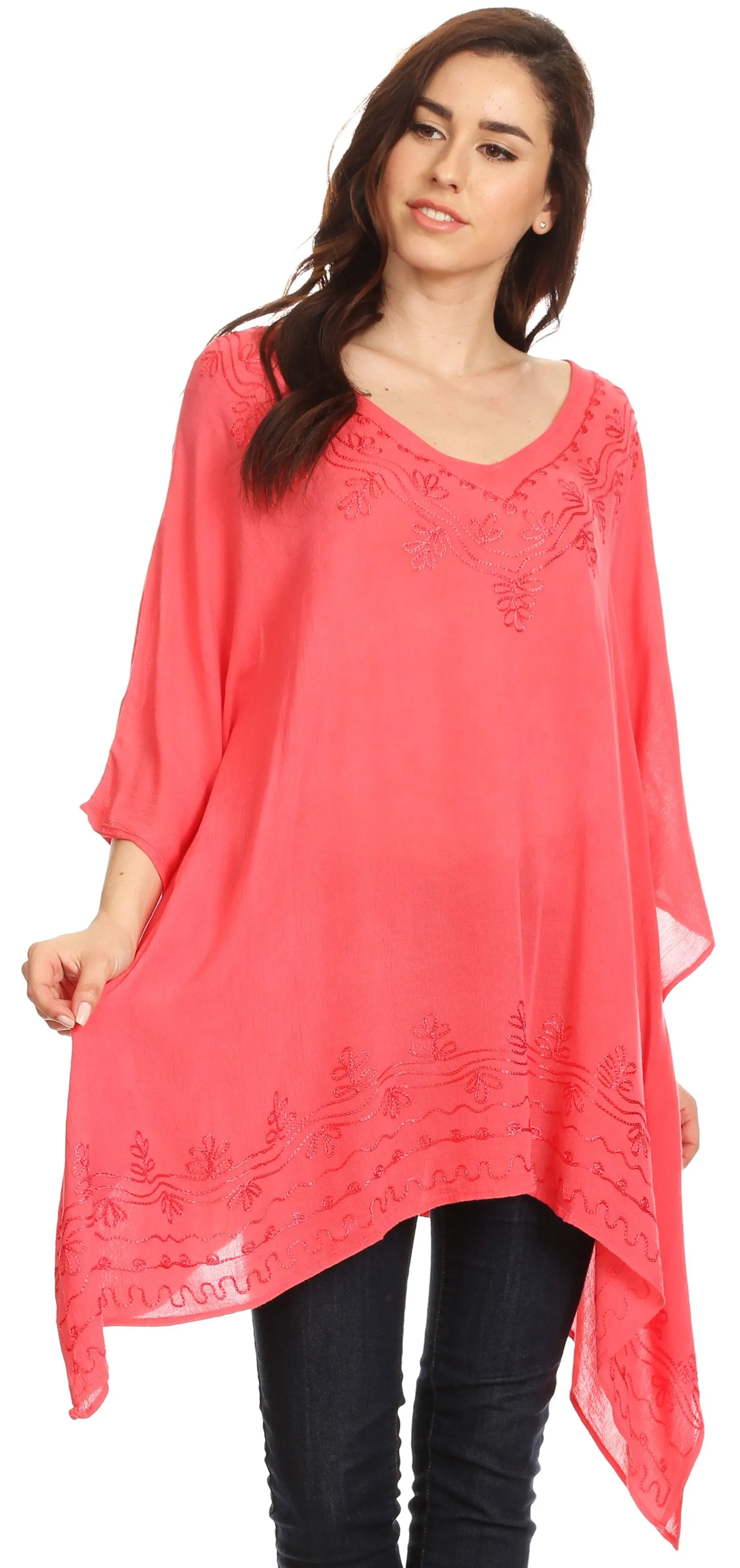 Sakkas Wren Lightweight Circle Poncho Top Blouse With Detailed Embroidery