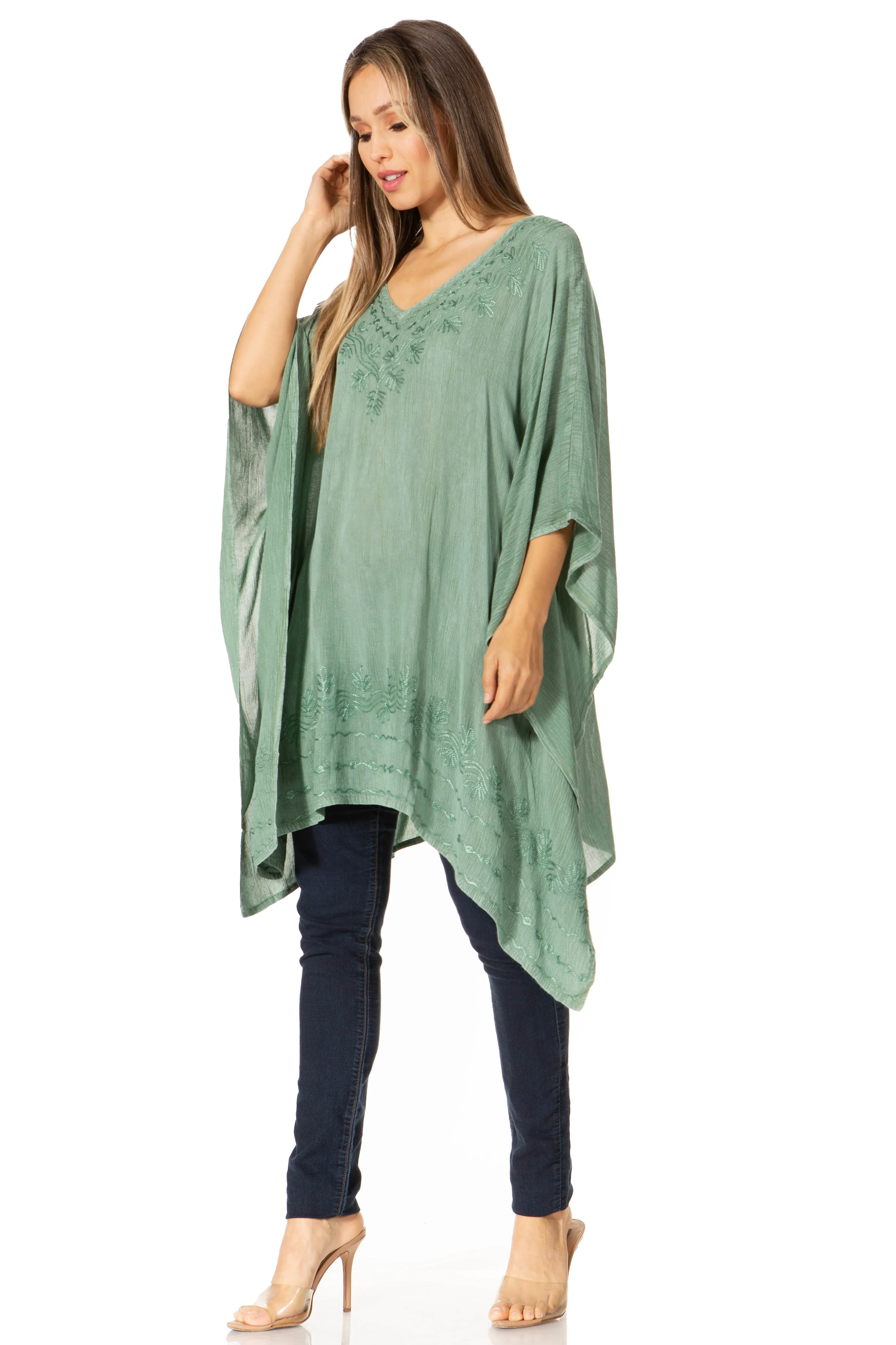 Sakkas Wren Lightweight Circle Poncho Top Blouse With Detailed Embroidery