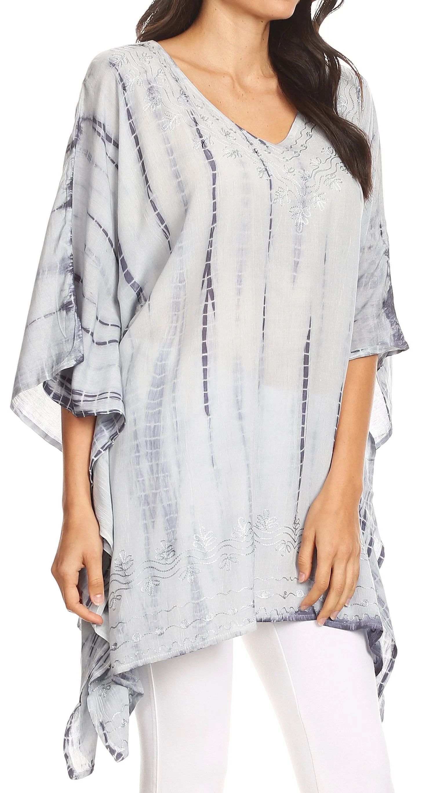 Sakkas Wren Lightweight Circle Poncho Top Blouse With Detailed Embroidery