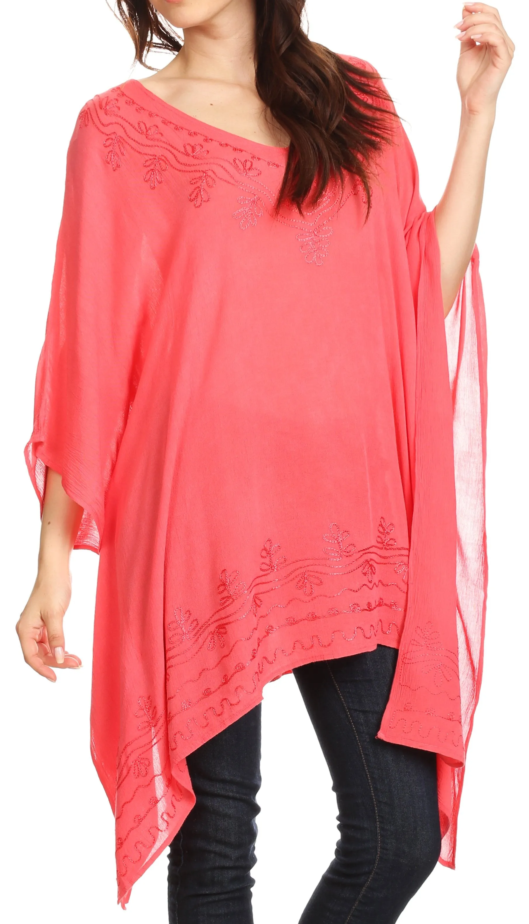 Sakkas Wren Lightweight Circle Poncho Top Blouse With Detailed Embroidery