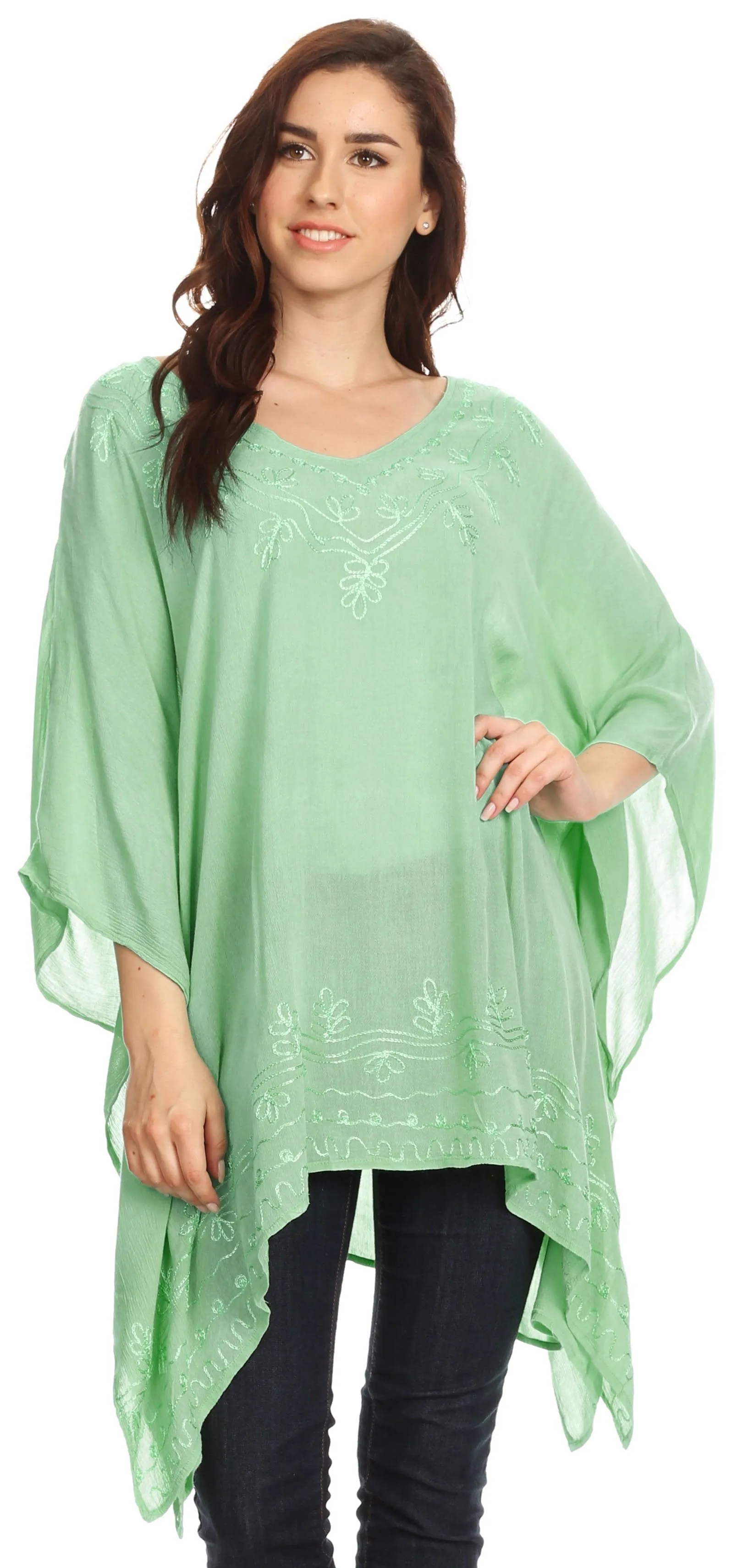 Sakkas Wren Lightweight Circle Poncho Top Blouse With Detailed Embroidery