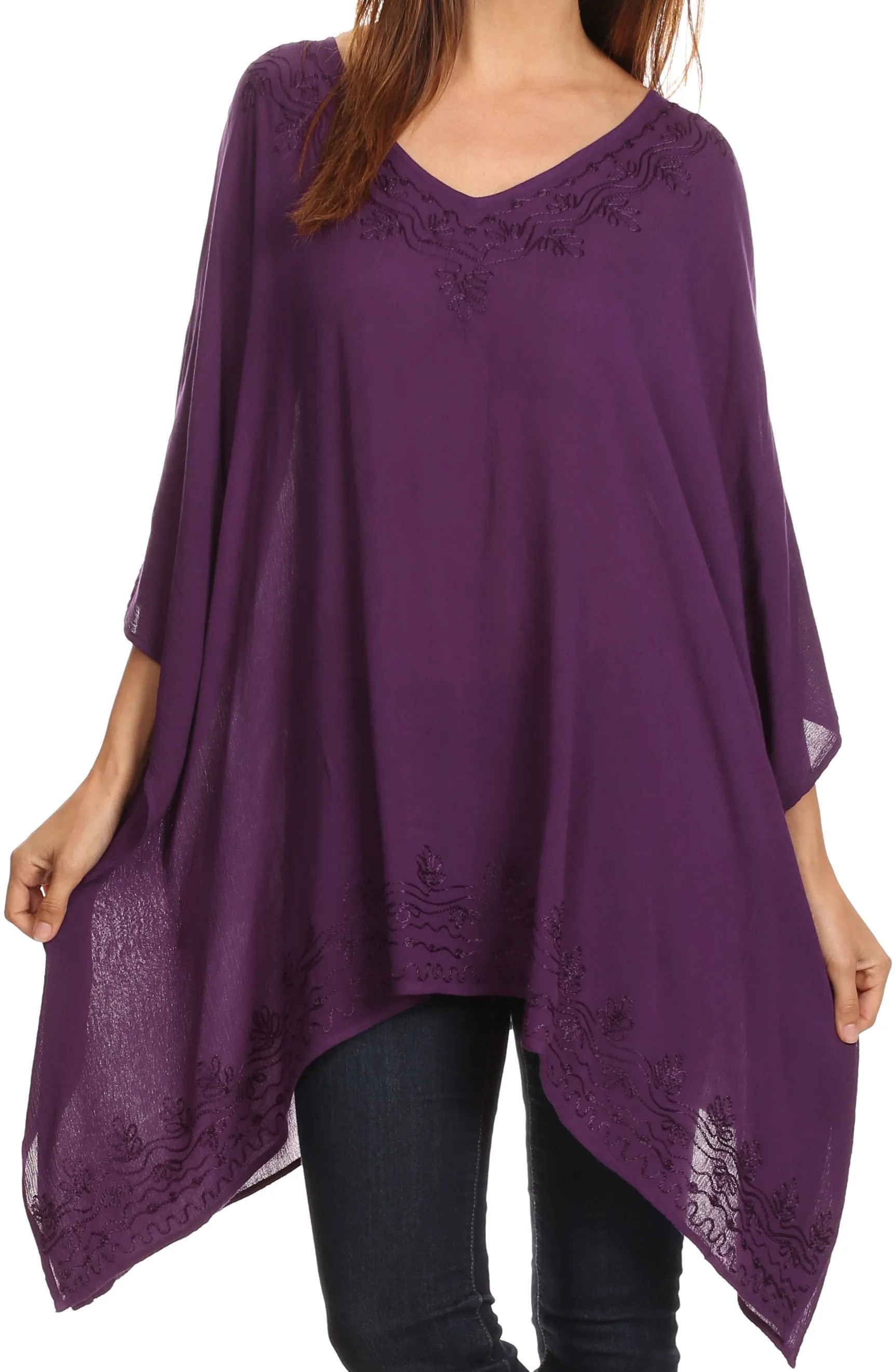 Sakkas Wren Lightweight Circle Poncho Top Blouse With Detailed Embroidery