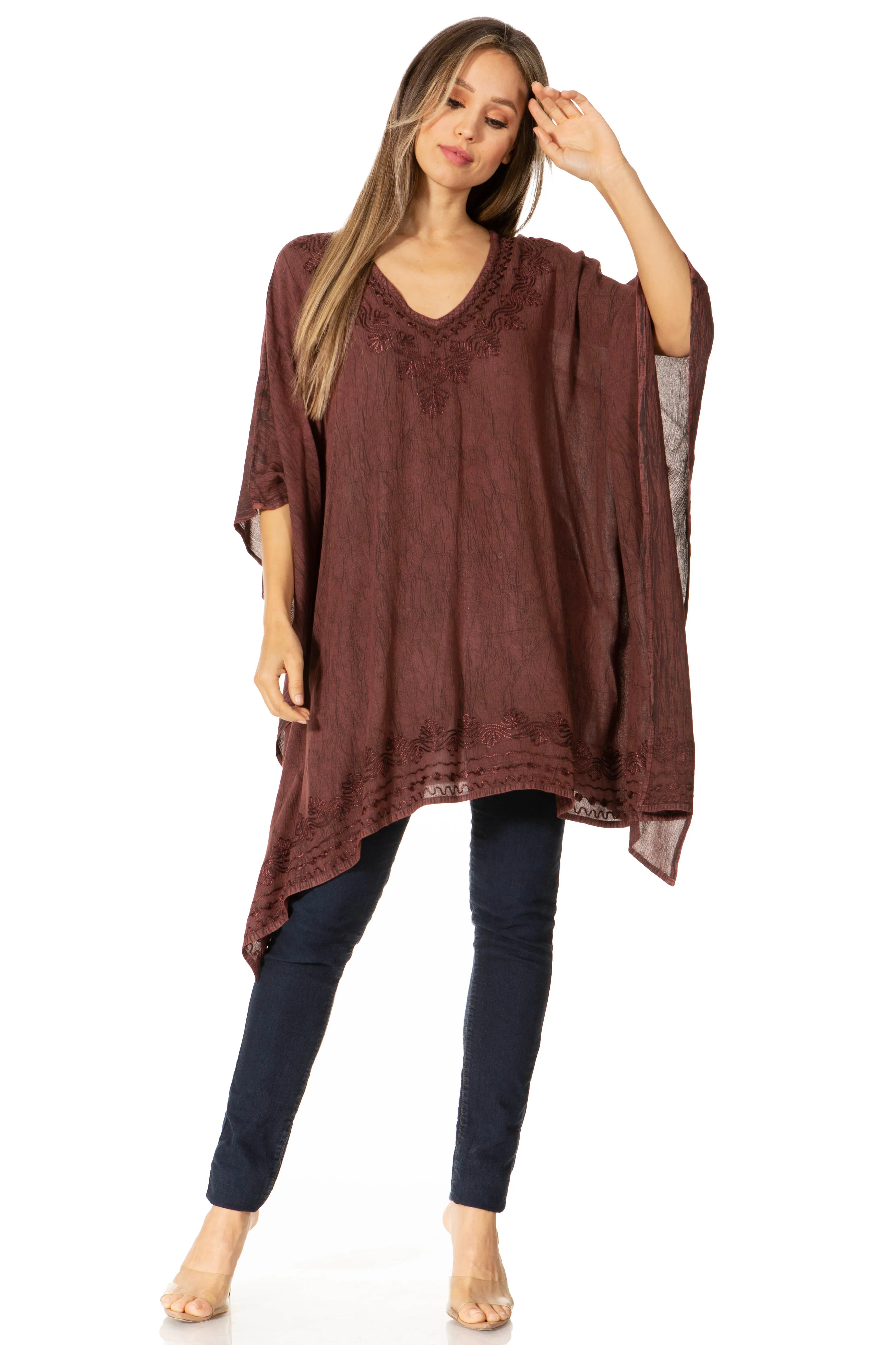 Sakkas Wren Lightweight Circle Poncho Top Blouse With Detailed Embroidery