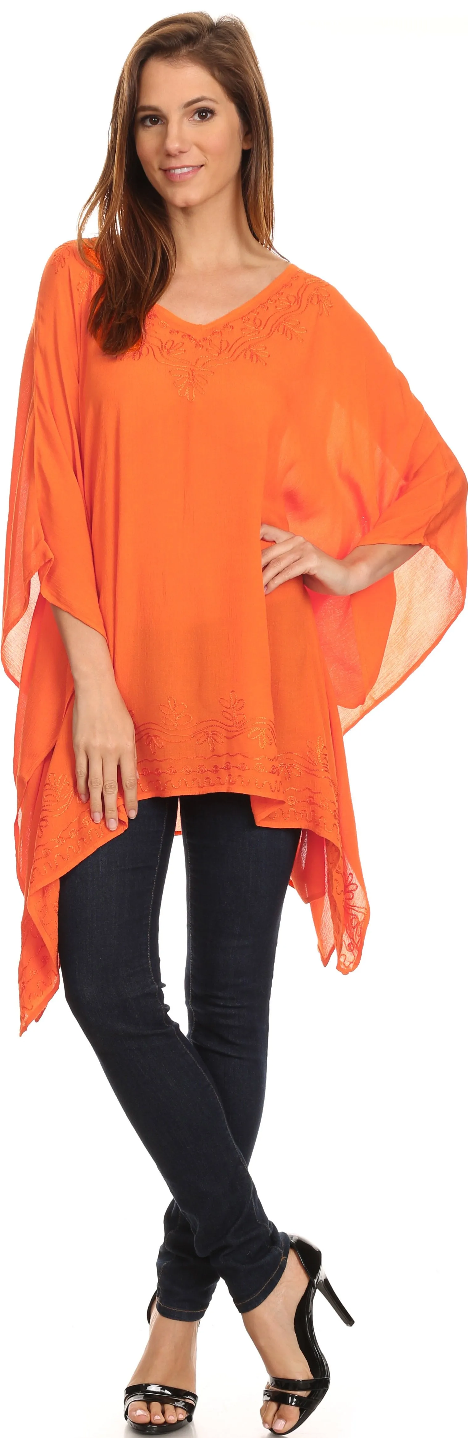 Sakkas Wren Lightweight Circle Poncho Top Blouse With Detailed Embroidery