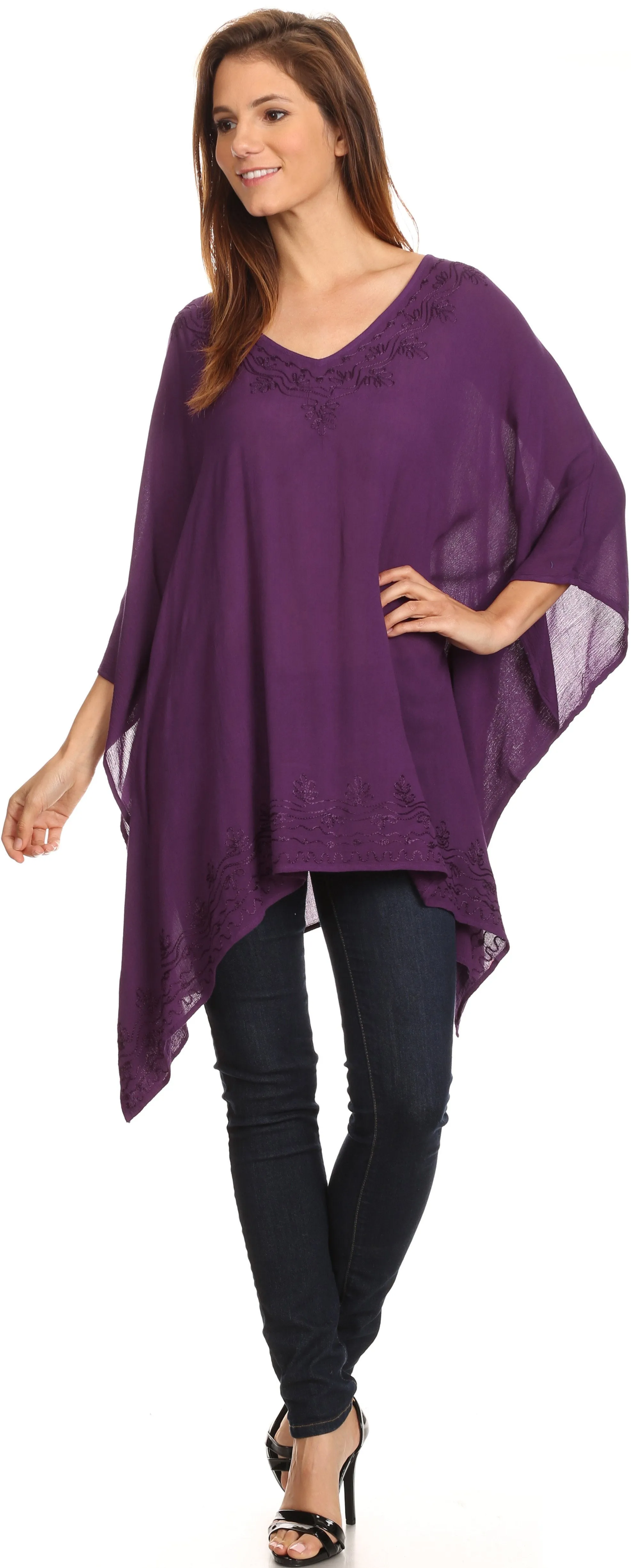 Sakkas Wren Lightweight Circle Poncho Top Blouse With Detailed Embroidery