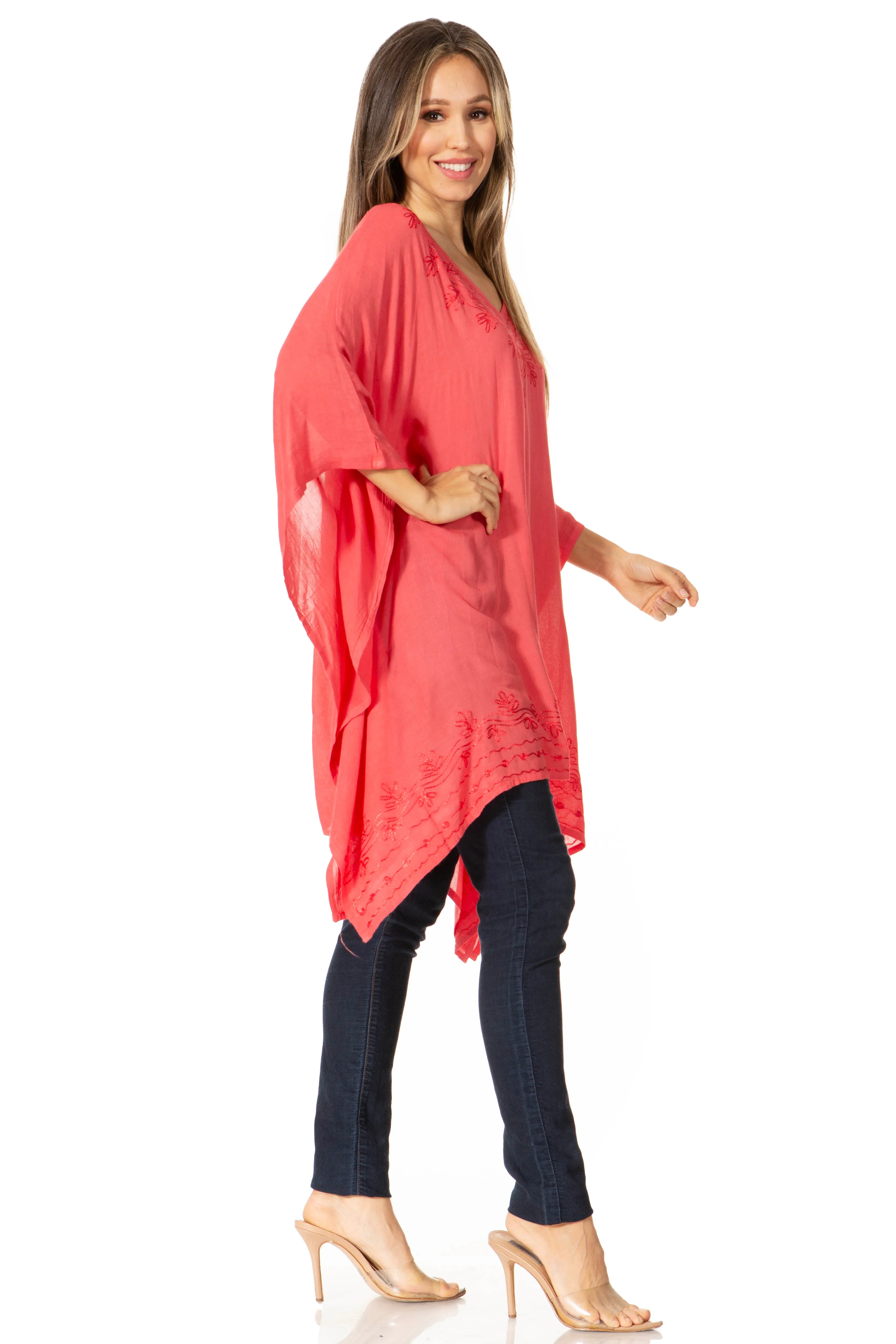 Sakkas Wren Lightweight Circle Poncho Top Blouse With Detailed Embroidery