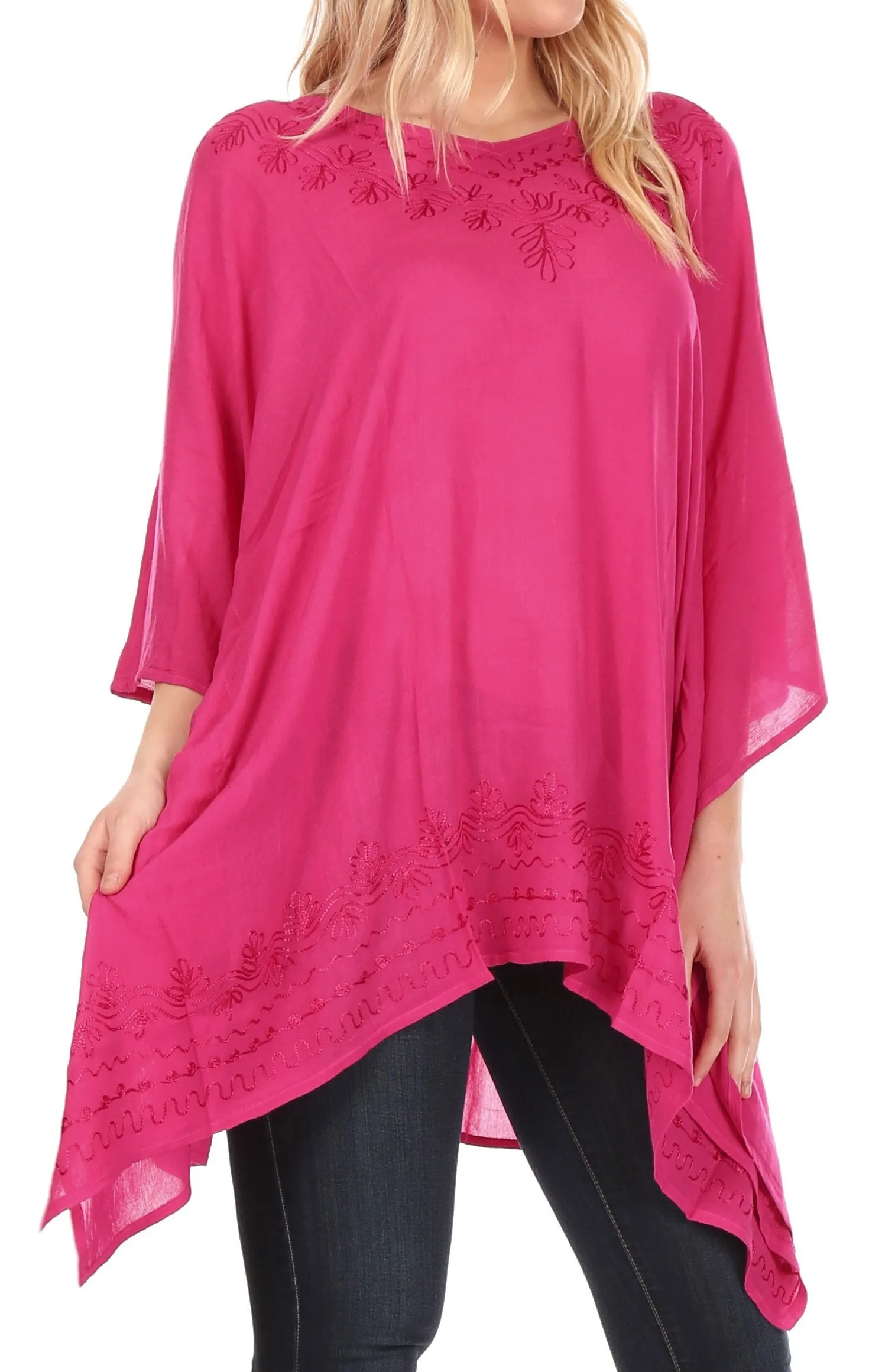 Sakkas Wren Lightweight Circle Poncho Top Blouse With Detailed Embroidery