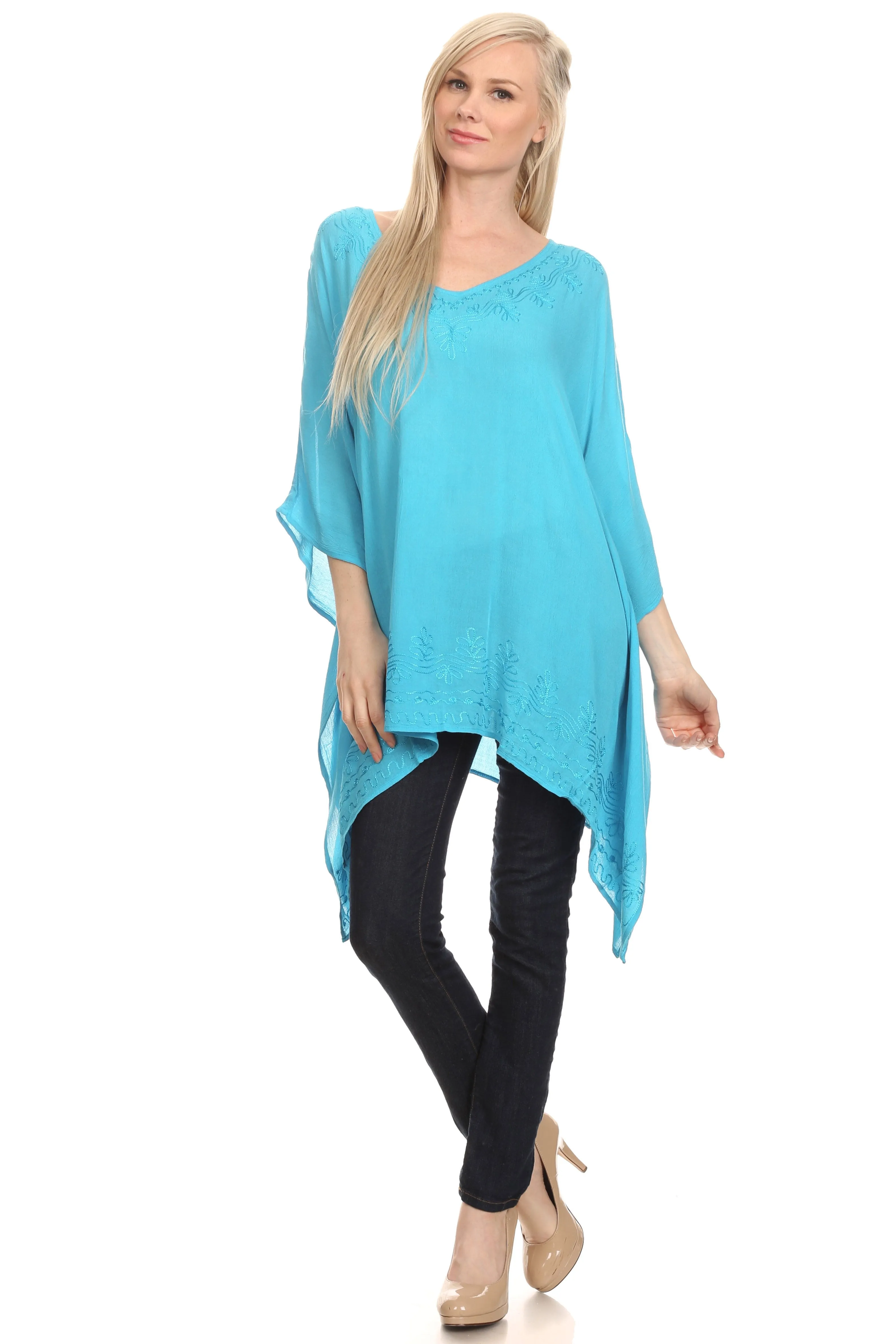 Sakkas Wren Lightweight Circle Poncho Top Blouse With Detailed Embroidery