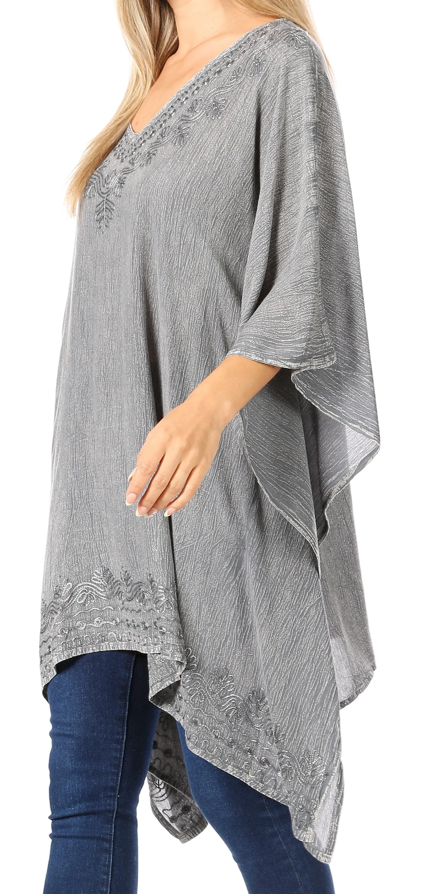 Sakkas Wren Lightweight Circle Poncho Top Blouse With Detailed Embroidery