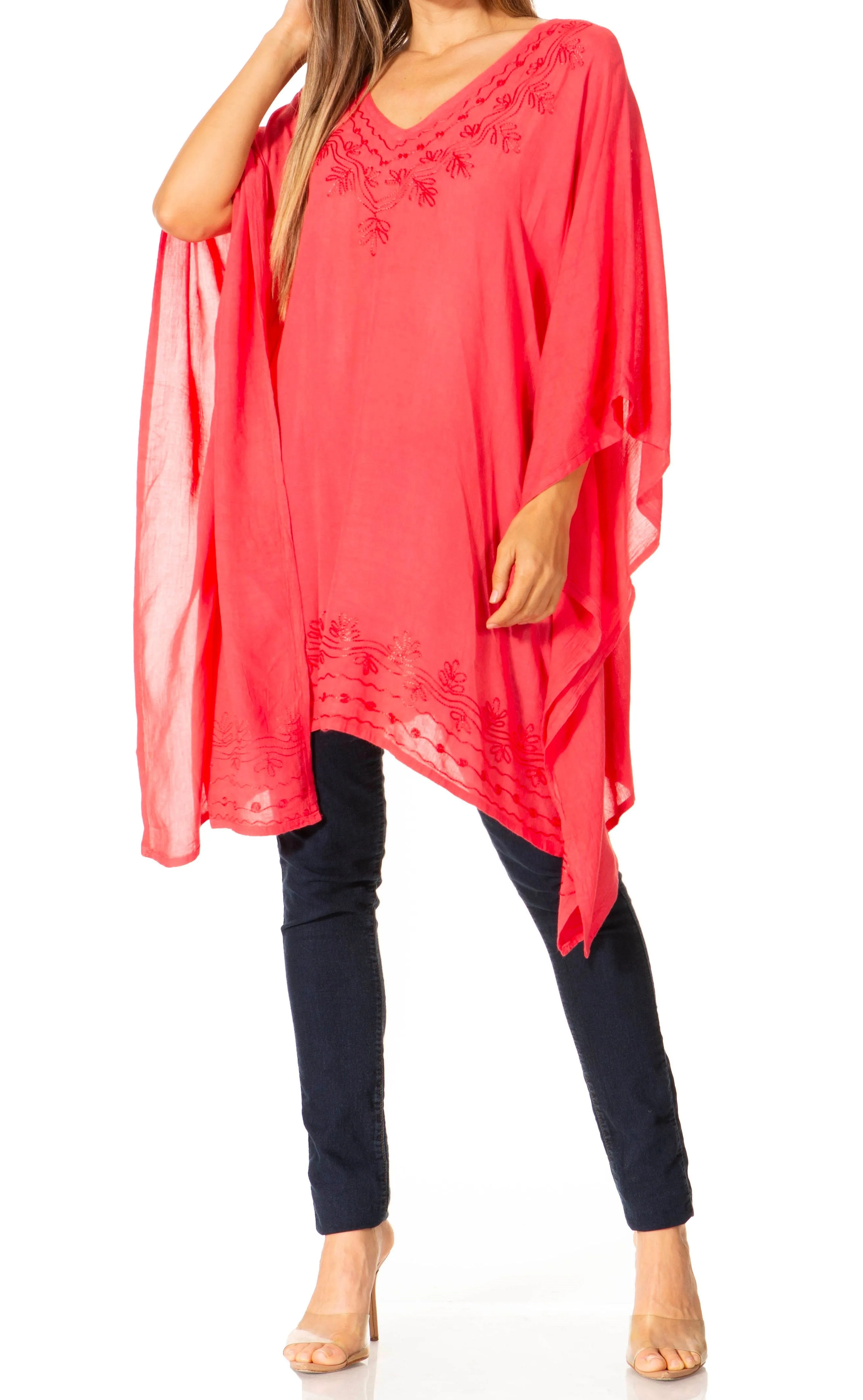 Sakkas Wren Lightweight Circle Poncho Top Blouse With Detailed Embroidery