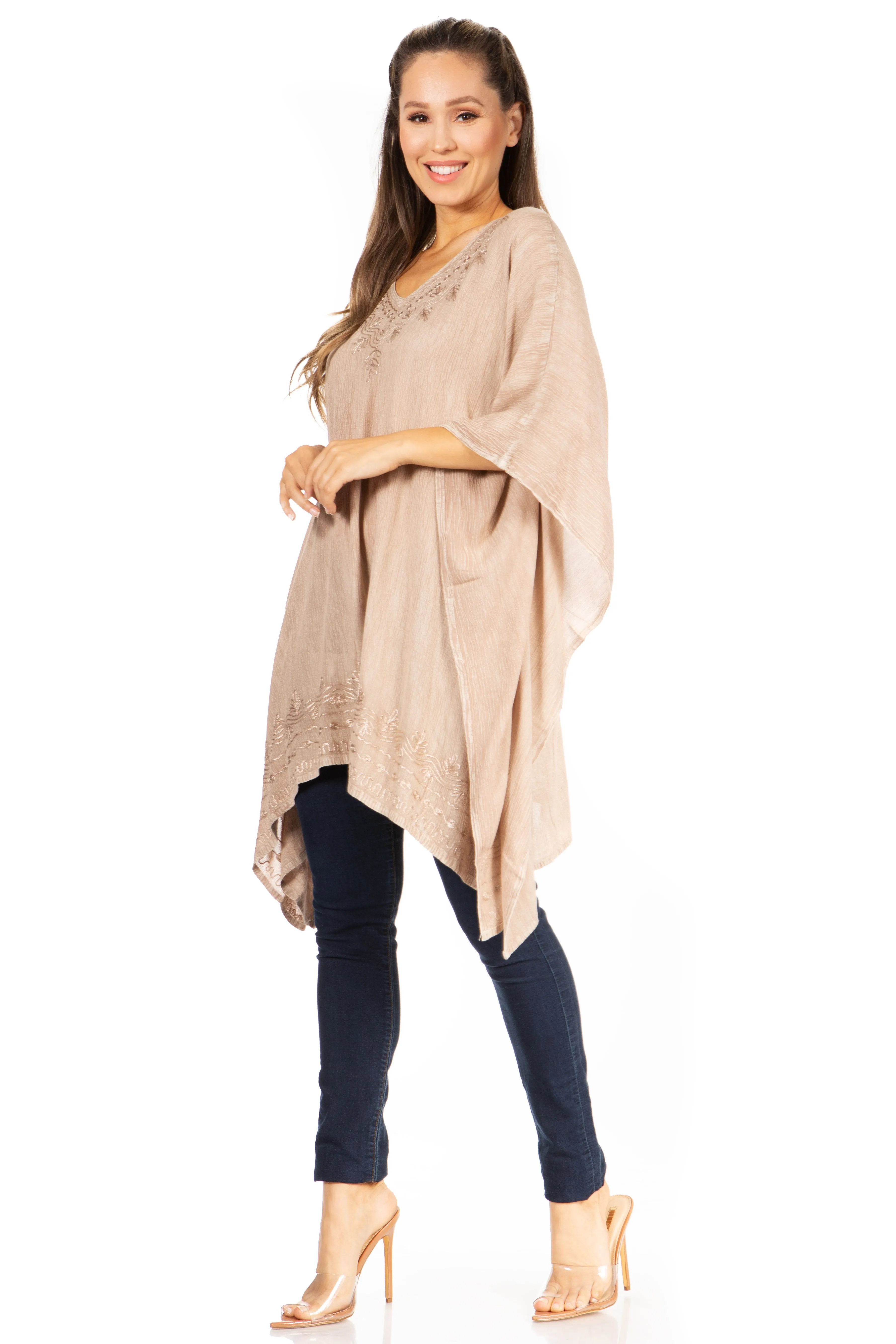 Sakkas Wren Lightweight Circle Poncho Top Blouse With Detailed Embroidery