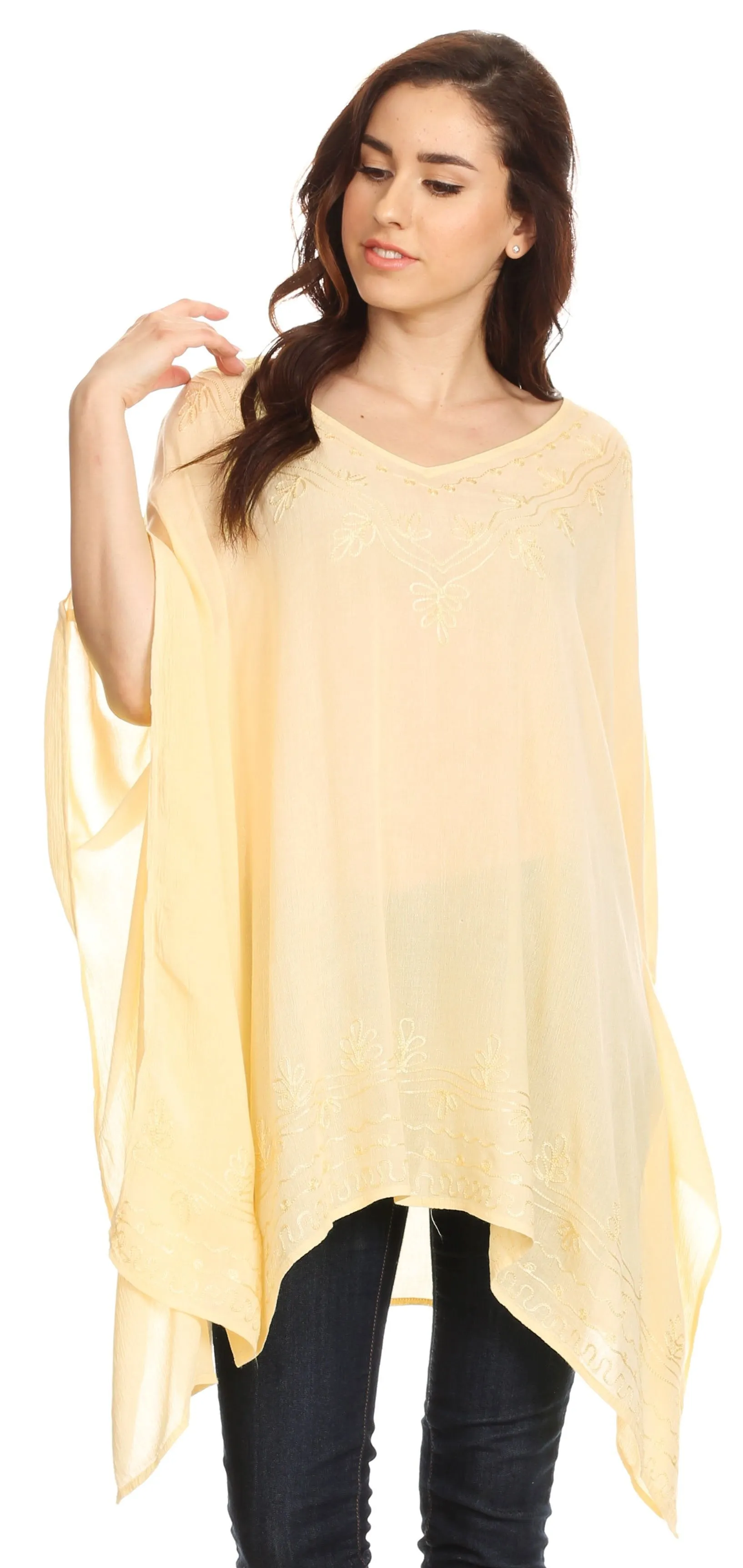 Sakkas Wren Lightweight Circle Poncho Top Blouse With Detailed Embroidery