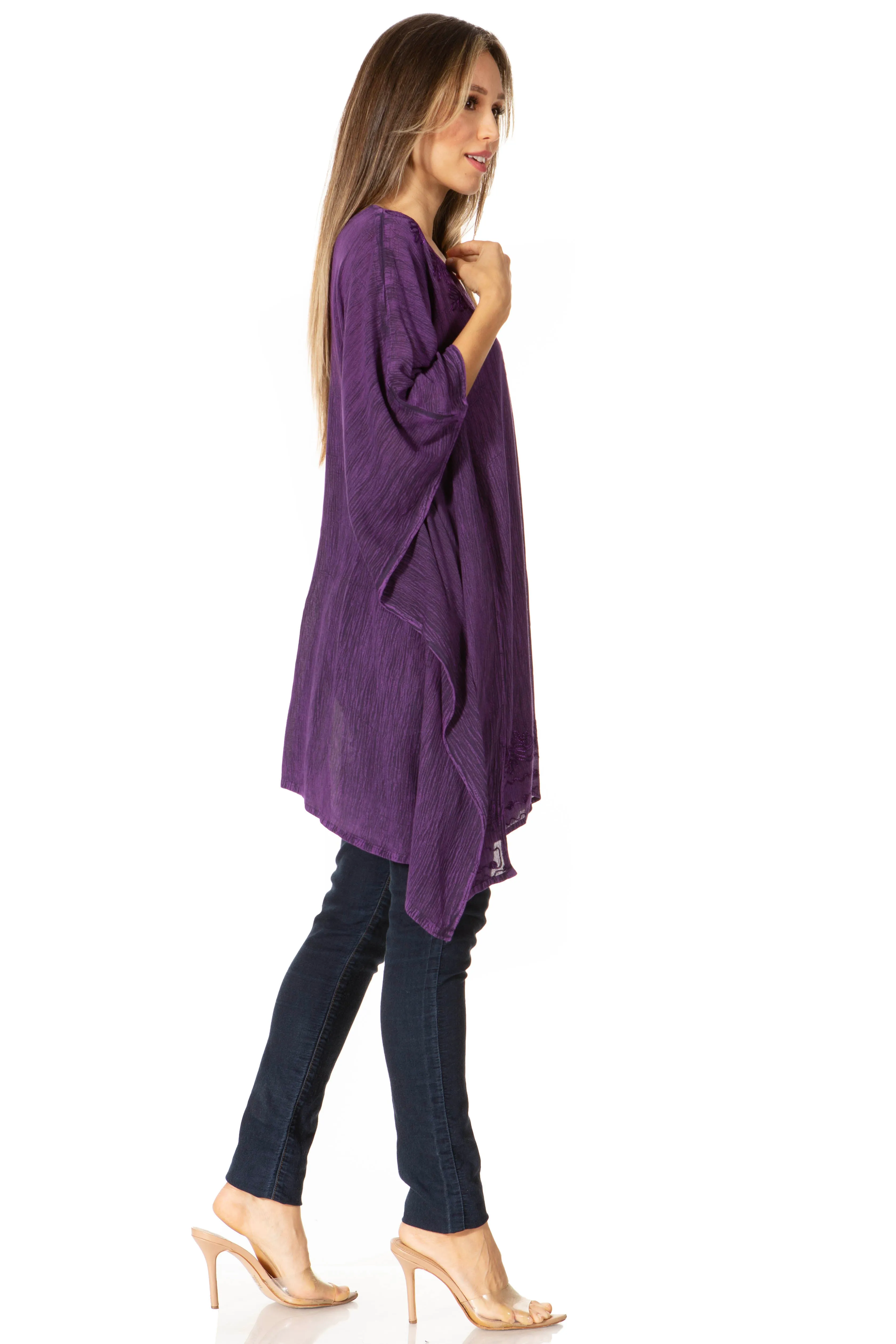 Sakkas Wren Lightweight Circle Poncho Top Blouse With Detailed Embroidery