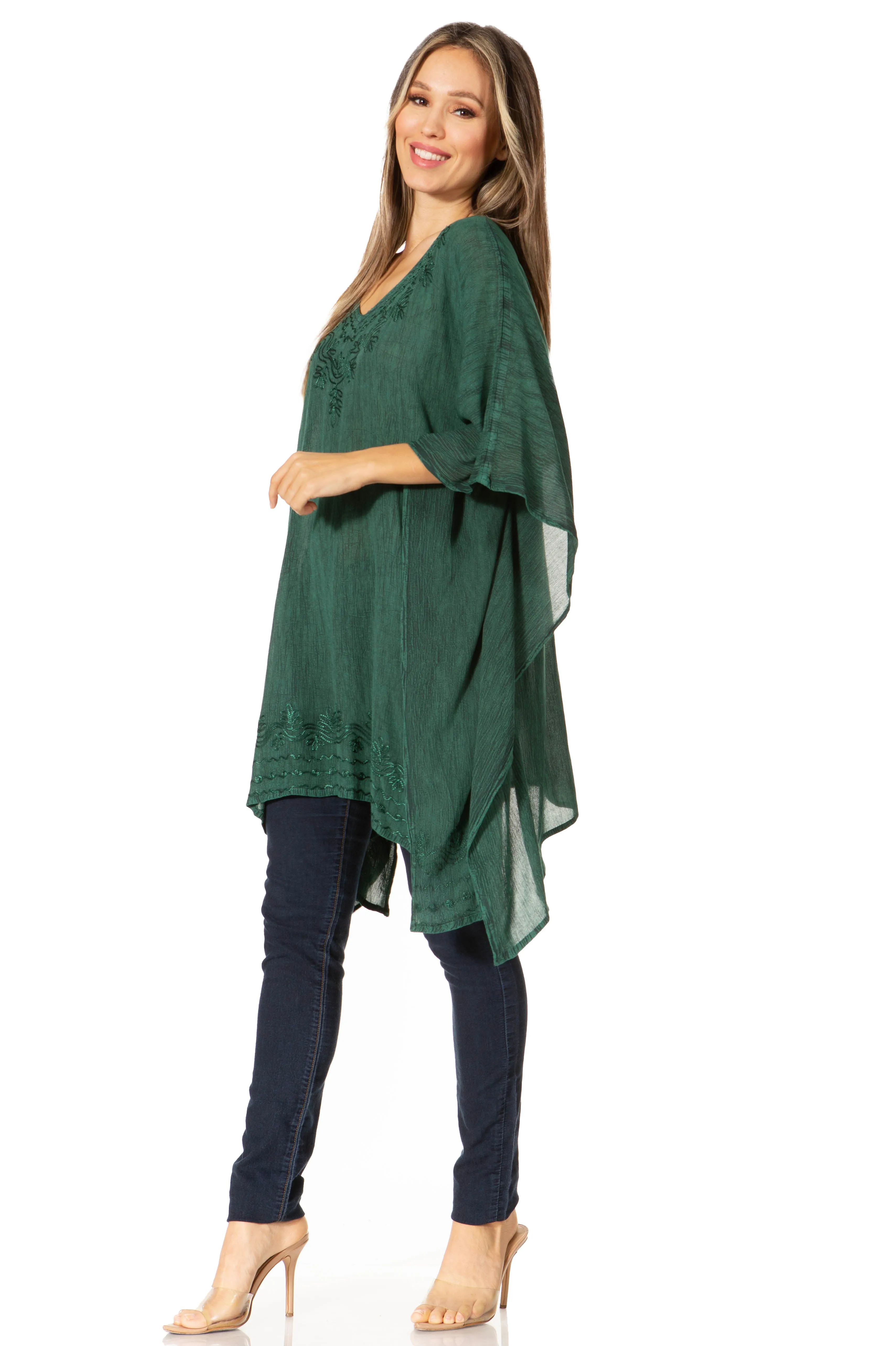 Sakkas Wren Lightweight Circle Poncho Top Blouse With Detailed Embroidery