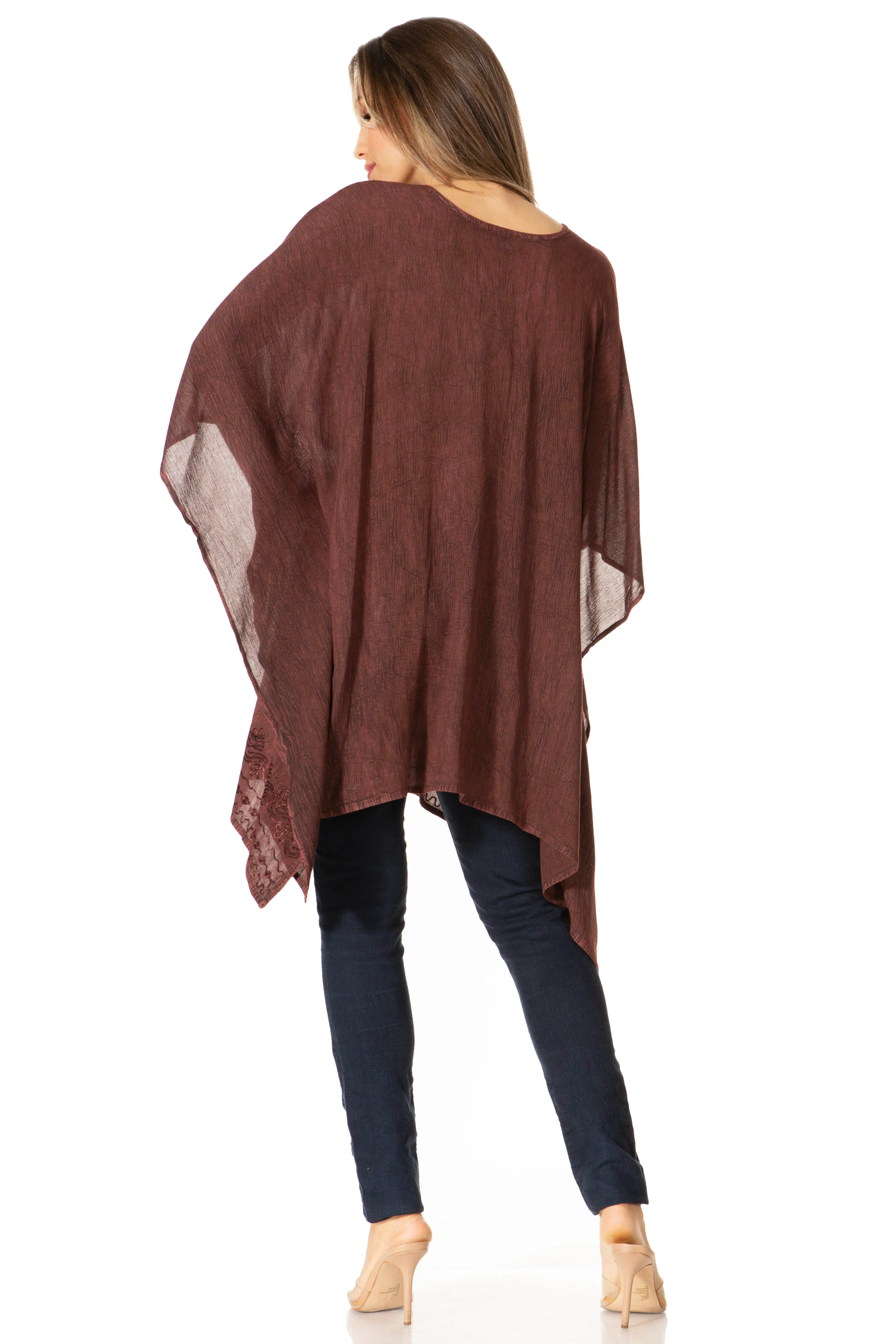 Sakkas Wren Lightweight Circle Poncho Top Blouse With Detailed Embroidery