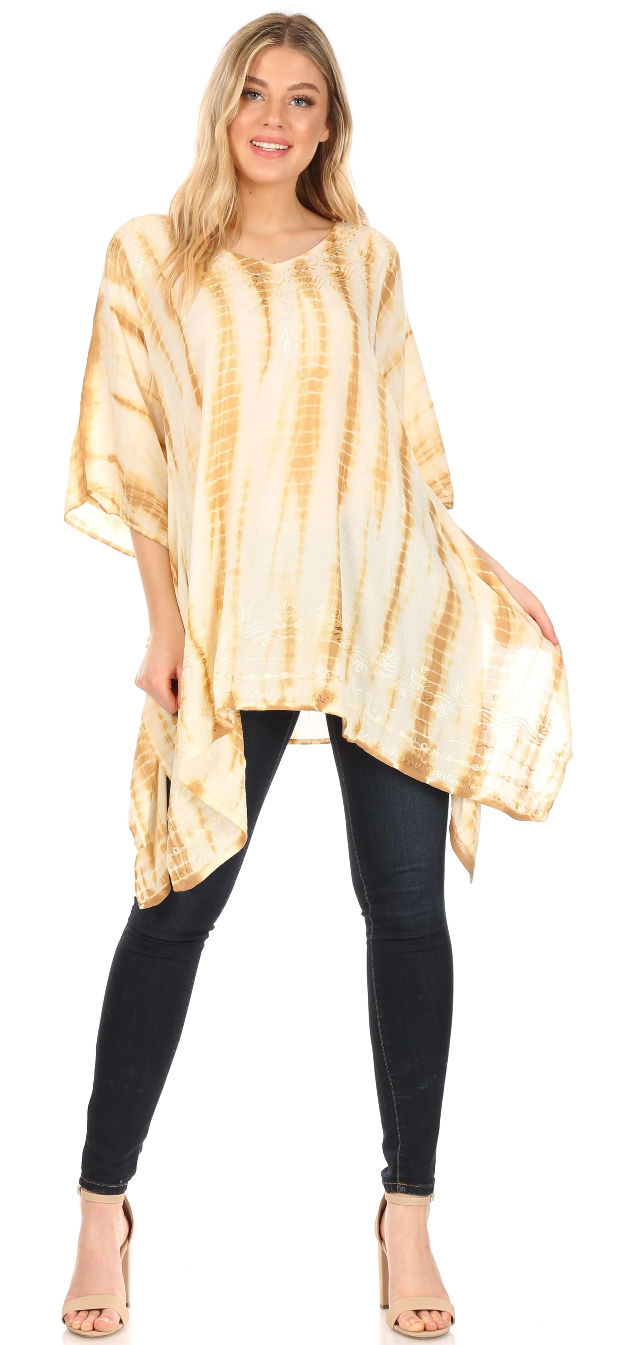 Sakkas Wren Lightweight Circle Poncho Top Blouse With Detailed Embroidery