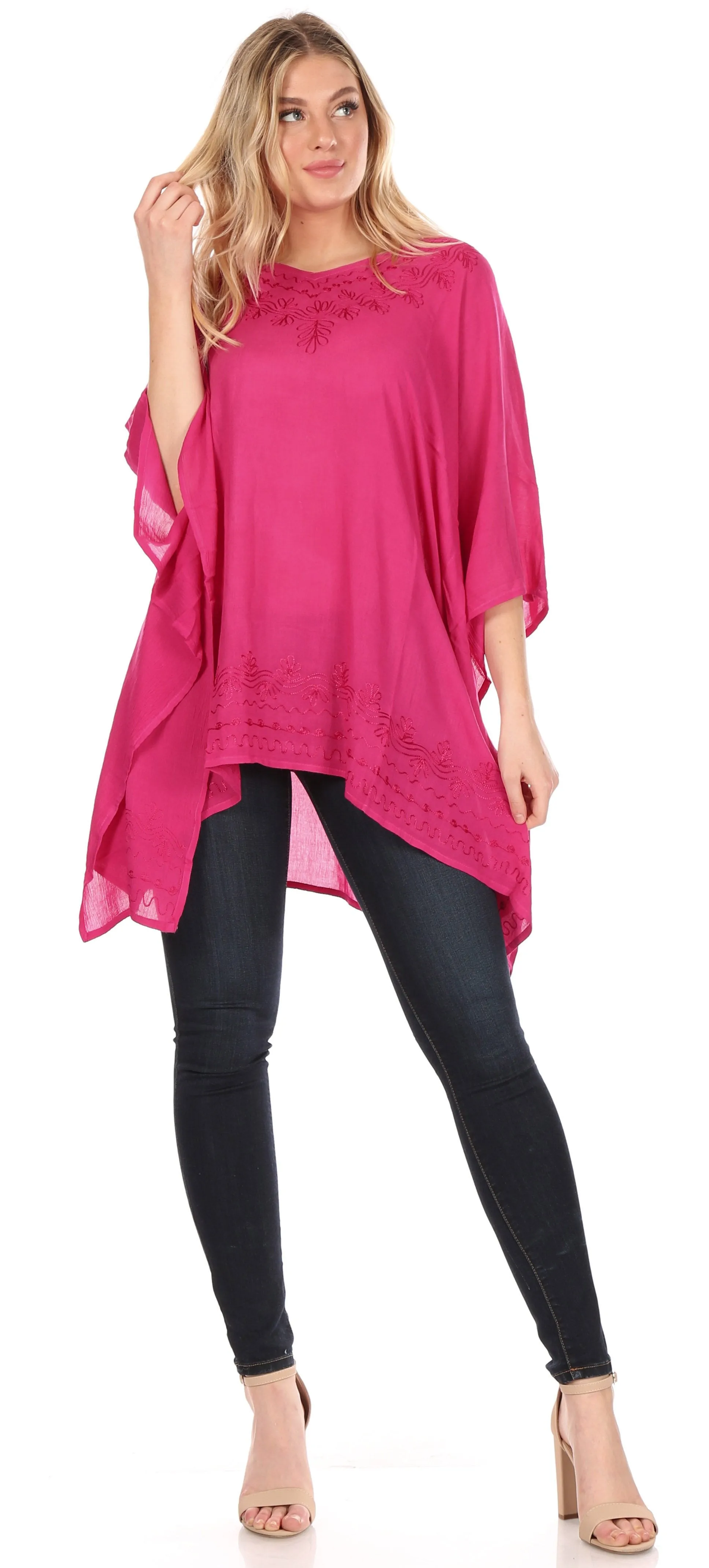 Sakkas Wren Lightweight Circle Poncho Top Blouse With Detailed Embroidery