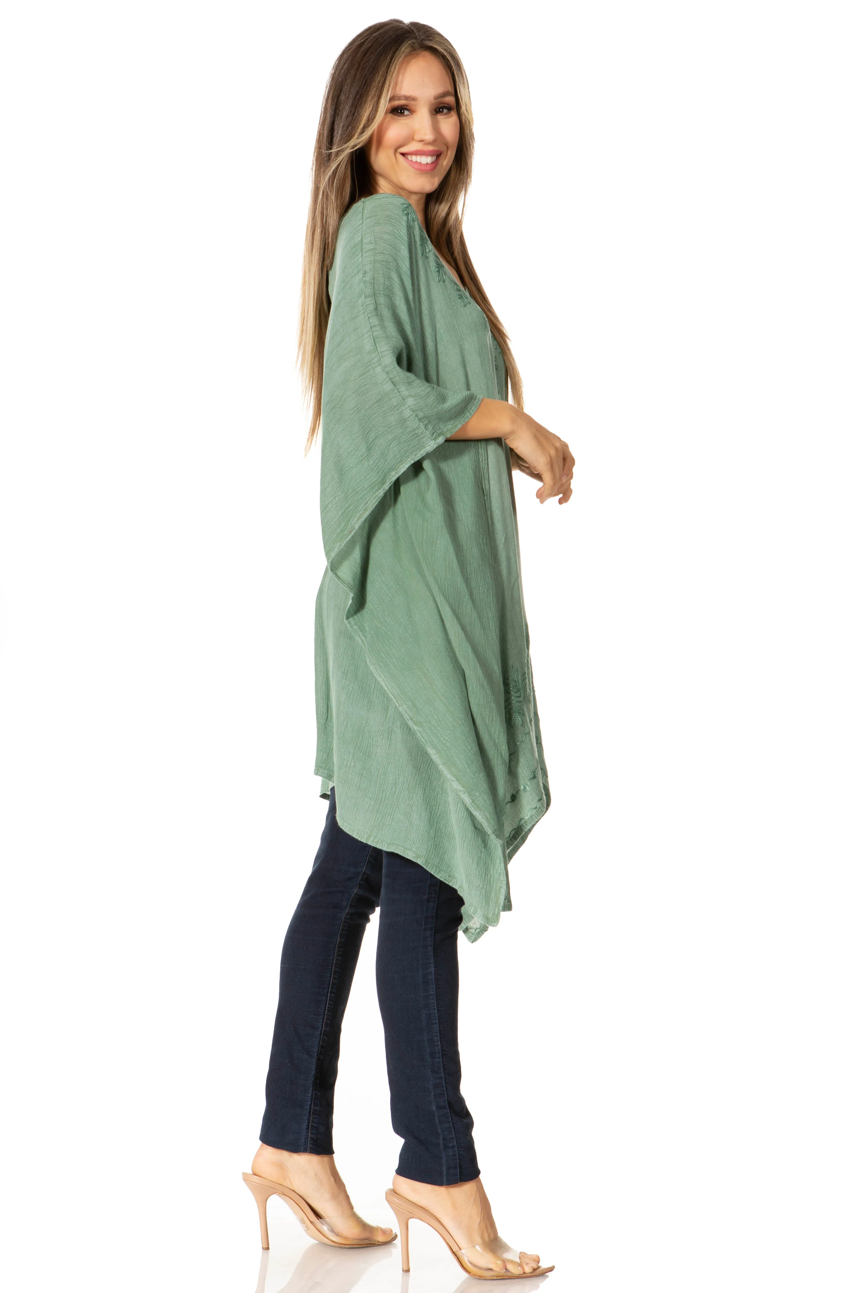 Sakkas Wren Lightweight Circle Poncho Top Blouse With Detailed Embroidery