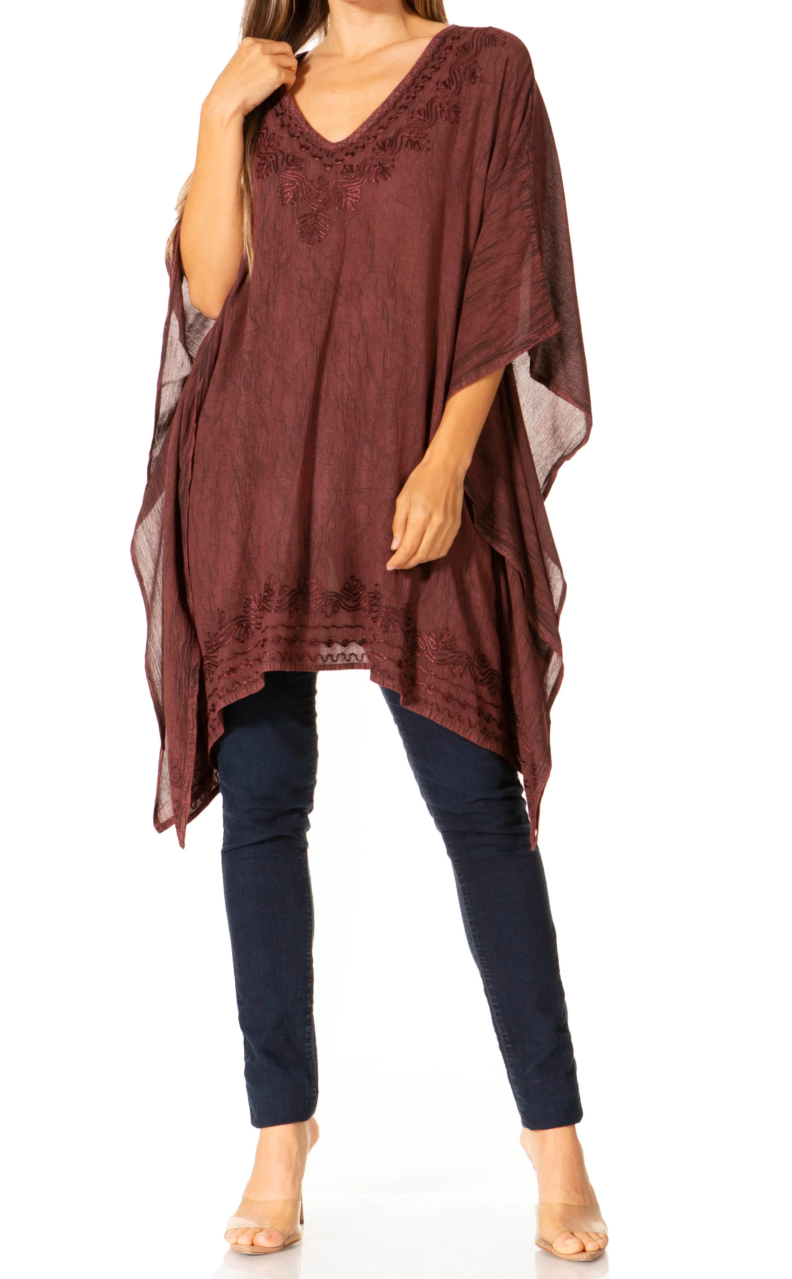 Sakkas Wren Lightweight Circle Poncho Top Blouse With Detailed Embroidery