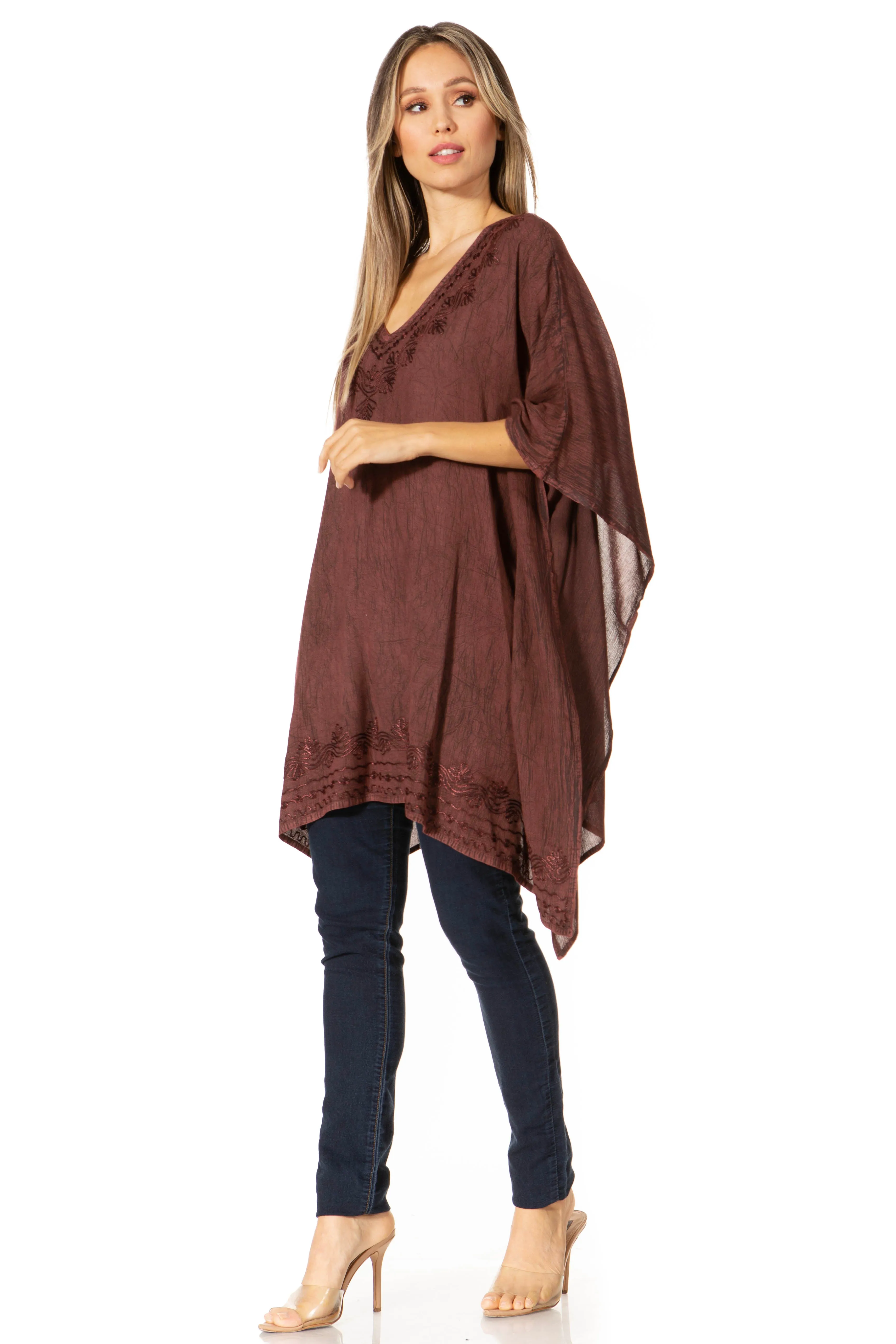 Sakkas Wren Lightweight Circle Poncho Top Blouse With Detailed Embroidery