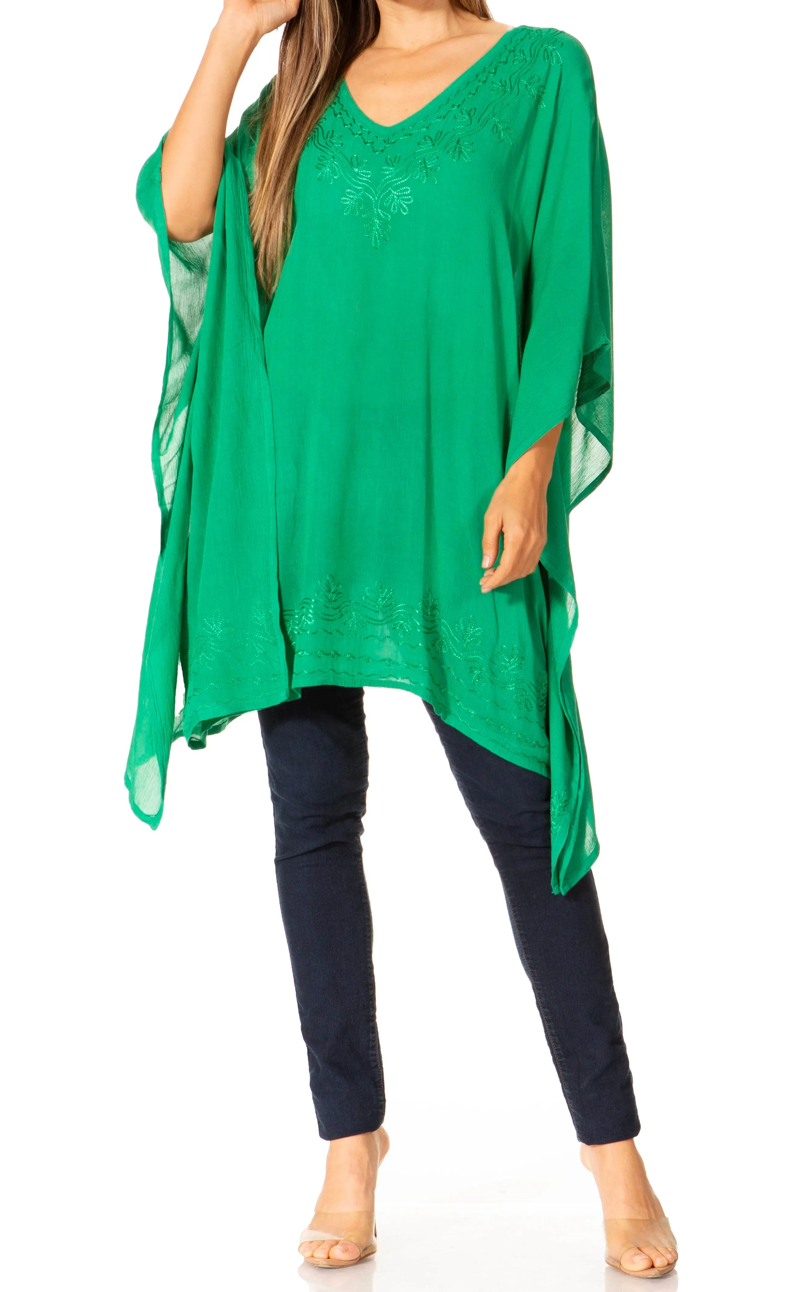 Sakkas Wren Lightweight Circle Poncho Top Blouse With Detailed Embroidery