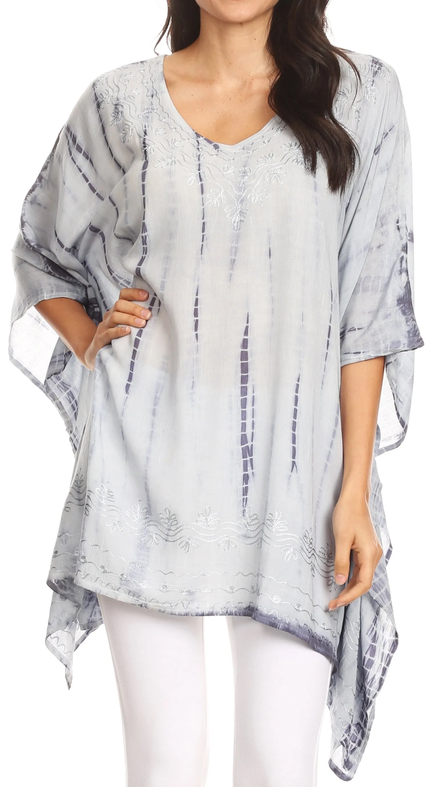 Sakkas Wren Lightweight Circle Poncho Top Blouse With Detailed Embroidery